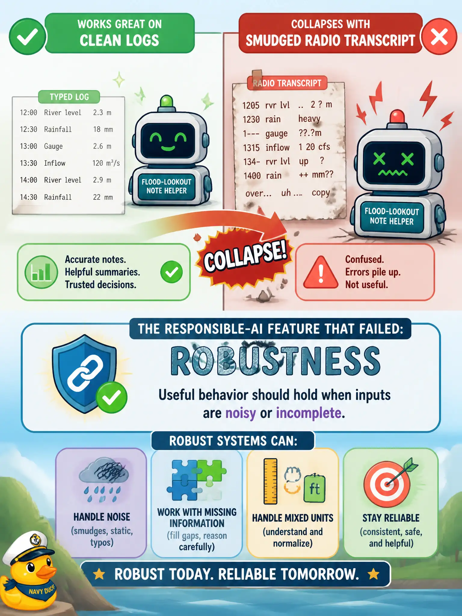 To Create an exciting colorful infographic that explains the concepts in the question: Question: A municipal flood-lookout note helper works on clean typed logs but collapses when a ranger pastes a smudged radio transcript with missing words and mixed units. Which responsible-AI feature failed? Correct Answer: Robustness: useful behavior should hold when inputs are noisy or incomplete. Put EVERY visible label in double quotes. No people. No A/B/C/D letters. In one of the four corners put a little "Navy Duck".