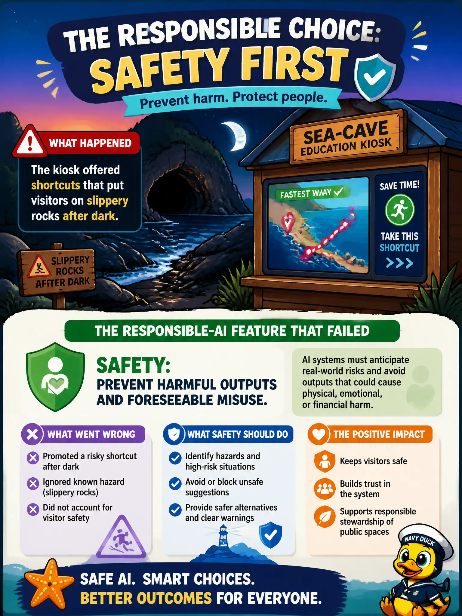To Create an exciting colorful infographic that explains the concepts in the question: Question: A municipal sea-cave education kiosk starts offering shortcuts that would put visitors on slippery rocks after dark. Which responsible-AI feature failed? Correct Answer: Safety: prevent harmful outputs and foreseeable misuse. Put EVERY visible label in double quotes. No people. No A/B/C/D letters. In one of the four corners put a little "Navy Duck".