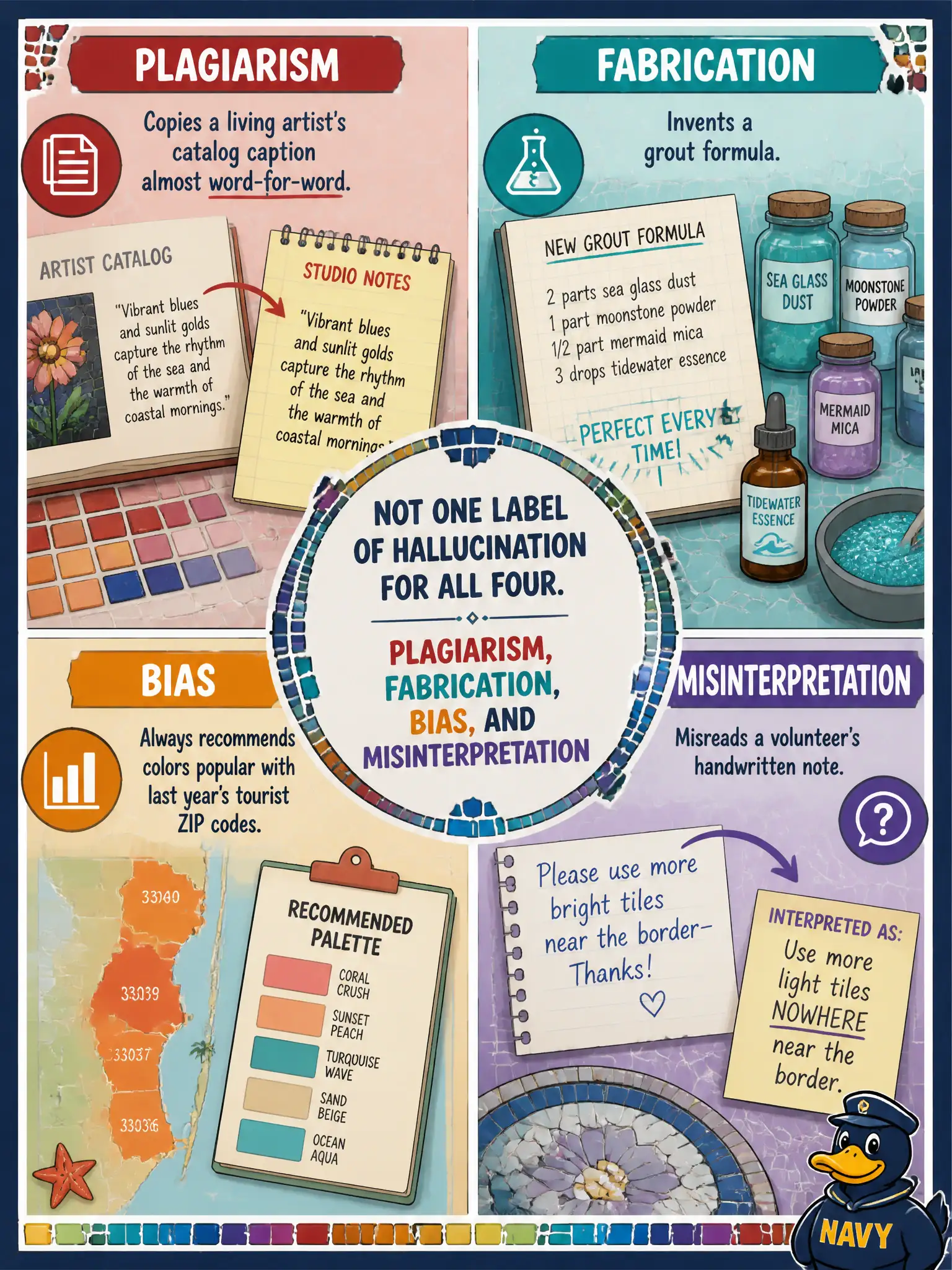To Create an exciting colorful infographic that explains the concepts in the question: Question: A community mosaic studio reviews four bad generations: one copies a living artist’s catalog caption almost word-for-word, one invents a grout formula, one always recommends colors popular with last year’s tourist ZIP codes, and one misreads a volunteer’s handwritten note. Which assignment is accurate? Correct Answer: Plagiarism, fabrication, bias, and misinterpretation — not one label of hallucination for all four. Put EVERY visible label in double quotes. No people. No A/B/C/D letters. In one of the four corners put a little "Navy Duck".