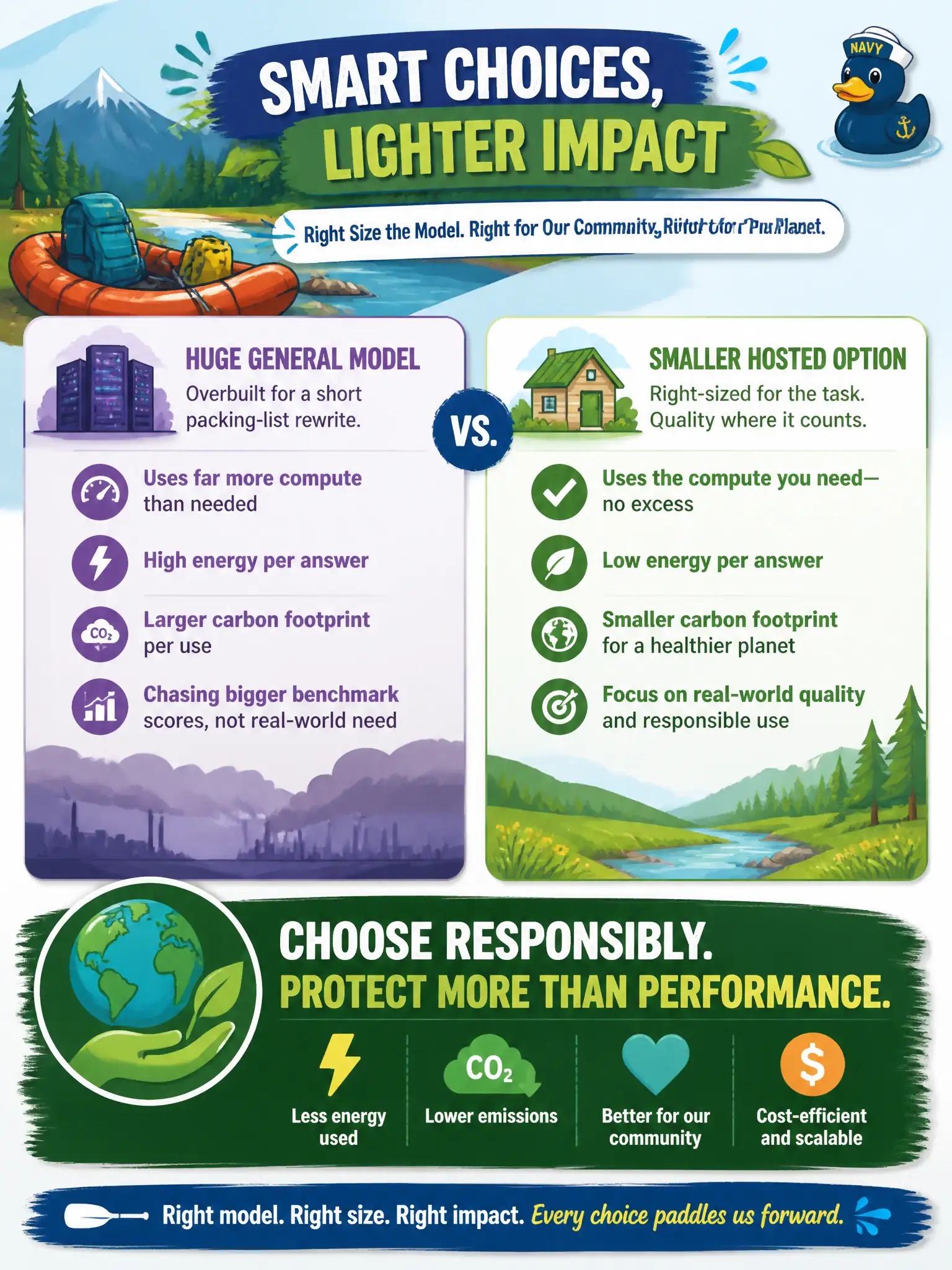 To Create an exciting colorful infographic that explains the concepts in the question: Question: A community pack-raft club only needs a short packing-list rewrite. A huge general model would work, but a much smaller hosted option meets quality and uses far less energy per answer. Which responsible-selection reason supports the smaller option? Correct Answer: Environmental impact and sustainability, not only benchmark scores. Put EVERY visible label in double quotes. No people. No A/B/C/D letters. In one of the four corners put a little "Navy Duck".