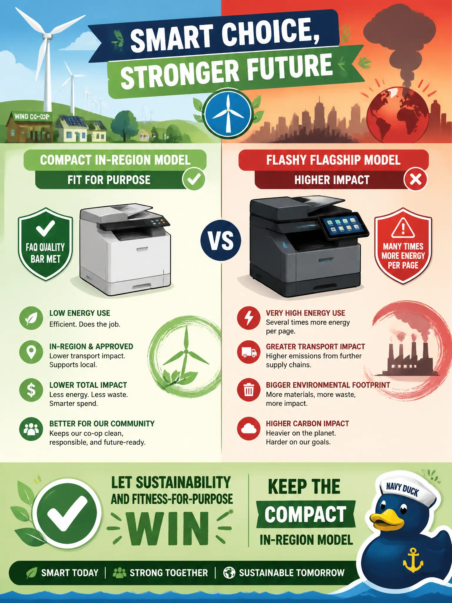 To Create an exciting colorful infographic that explains the concepts in the question: Question: A community wind-coop desk can meet its FAQ quality bar with a compact model already approved in-region. A newer flagship is flashier and several times more energy-hungry per page. Which choice is the responsible one? Correct Answer: Let sustainability and fitness-for-purpose win: keep the compact in-region model. Put EVERY visible label in double quotes. No people. No A/B/C/D letters. In one of the four corners put a little "Navy Duck".