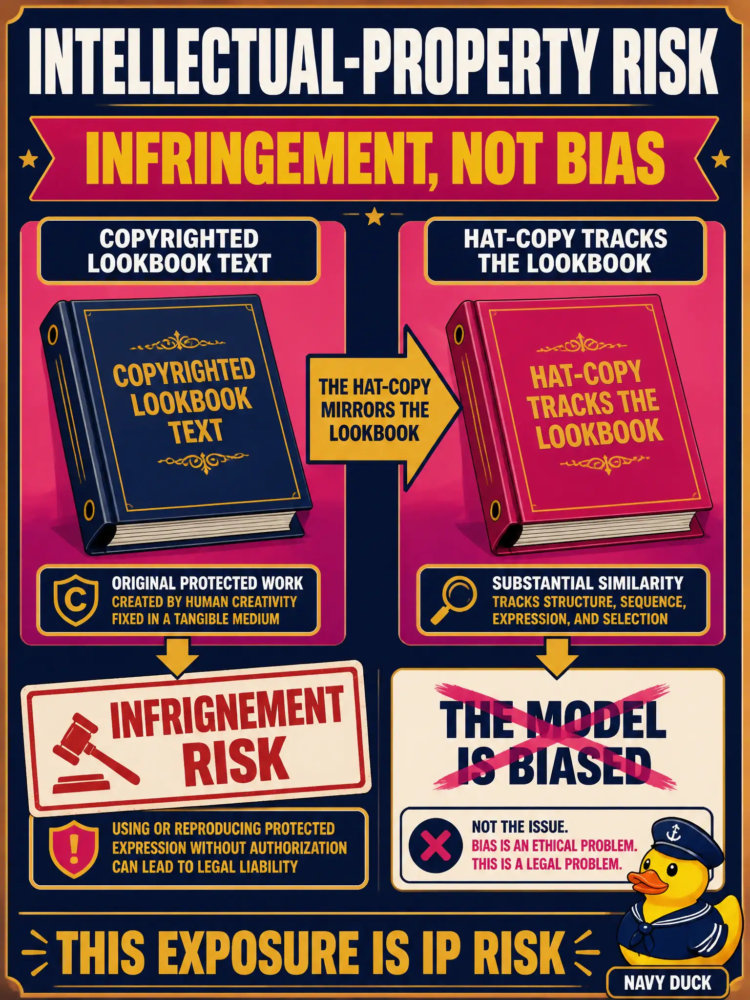To Create an exciting colorful infographic that explains the concepts in the question: Question: A community costume-atelier window helper produces hat-copy that closely tracks a living designer’s copyrighted lookbook text. Counsel asks what legal exposure that creates. Which risk is that? Correct Answer: Intellectual-property or infringement risk, not “the model is biased.” Put EVERY visible label in double quotes. No people. No A/B/C/D letters. In one of the four corners put a little "Navy Duck".