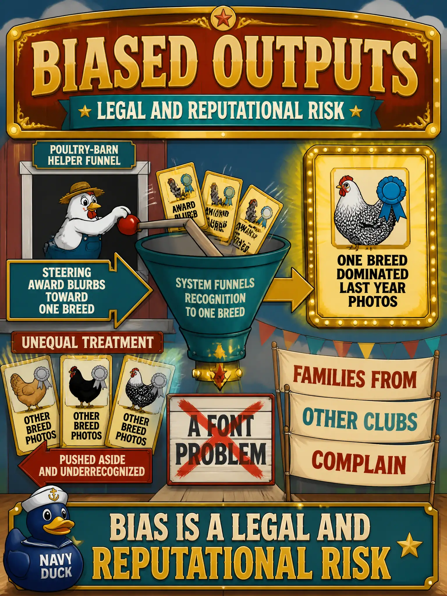 To Create an exciting colorful infographic that explains the concepts in the question: Question: A county-fair poultry-barn helper consistently steers 4-H award blurbs toward one breed that dominated last year’s photos. Families from other clubs complain of unequal treatment. Which kind of risk is that? Correct Answer: Biased outputs as a legal and reputational risk, not a font problem. Put EVERY visible label in double quotes. No people. No A/B/C/D letters. In one of the four corners put a little "Navy Duck".