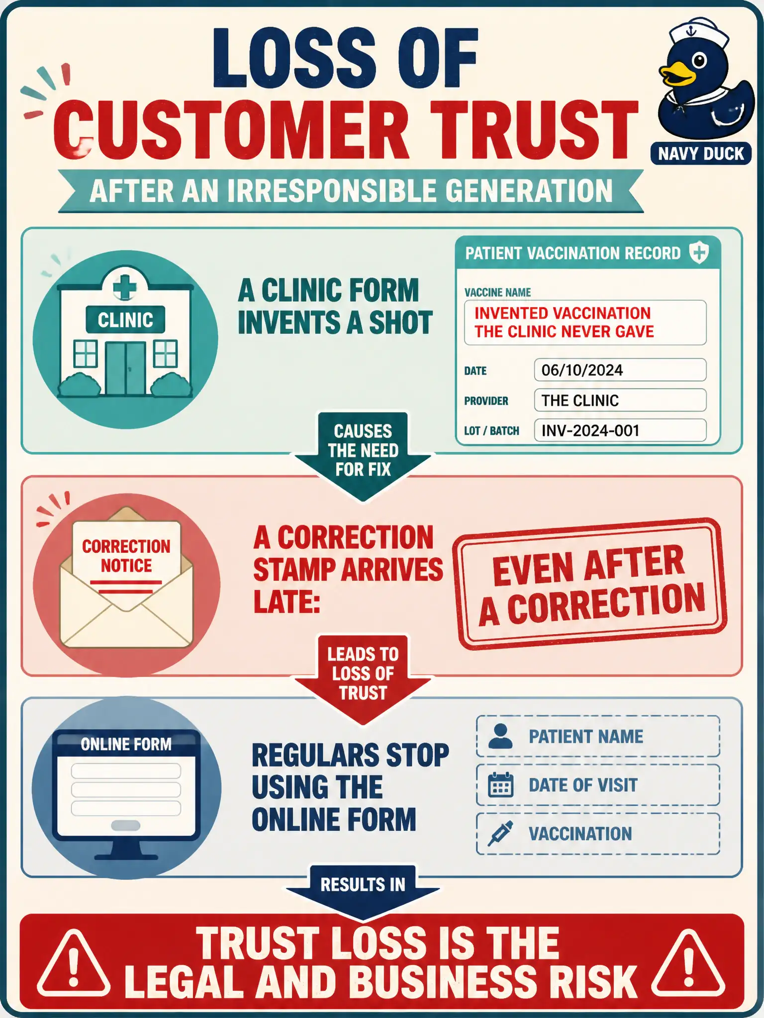 To Create an exciting colorful infographic that explains the concepts in the question: Question: A community cattery intake helper invents a vaccination the clinic never gave. Even after a correction, several regulars stop using the online form. Which legal or business risk is that? Correct Answer: Loss of customer trust after an irresponsible generation. Put EVERY visible label in double quotes. No people. No A/B/C/D letters. In one of the four corners put a little "Navy Duck".