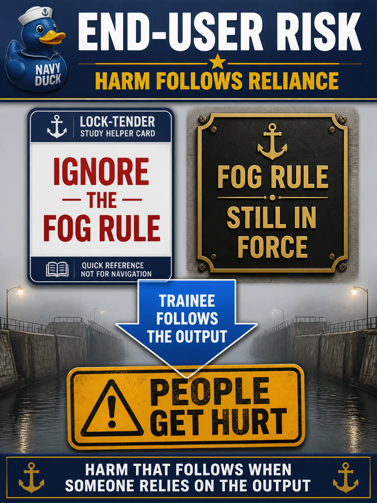 To Create an exciting colorful infographic that explains the concepts in the question: Question: A lock-tender study helper tells a trainee to ignore a fog rule that is still in force. If the trainee follows it, people get hurt. Which responsible concern is that? Correct Answer: End-user risk: harm that follows when a person relies on the output. Put EVERY visible label in double quotes. No people. No A/B/C/D letters. In one of the four corners put a little "Navy Duck".