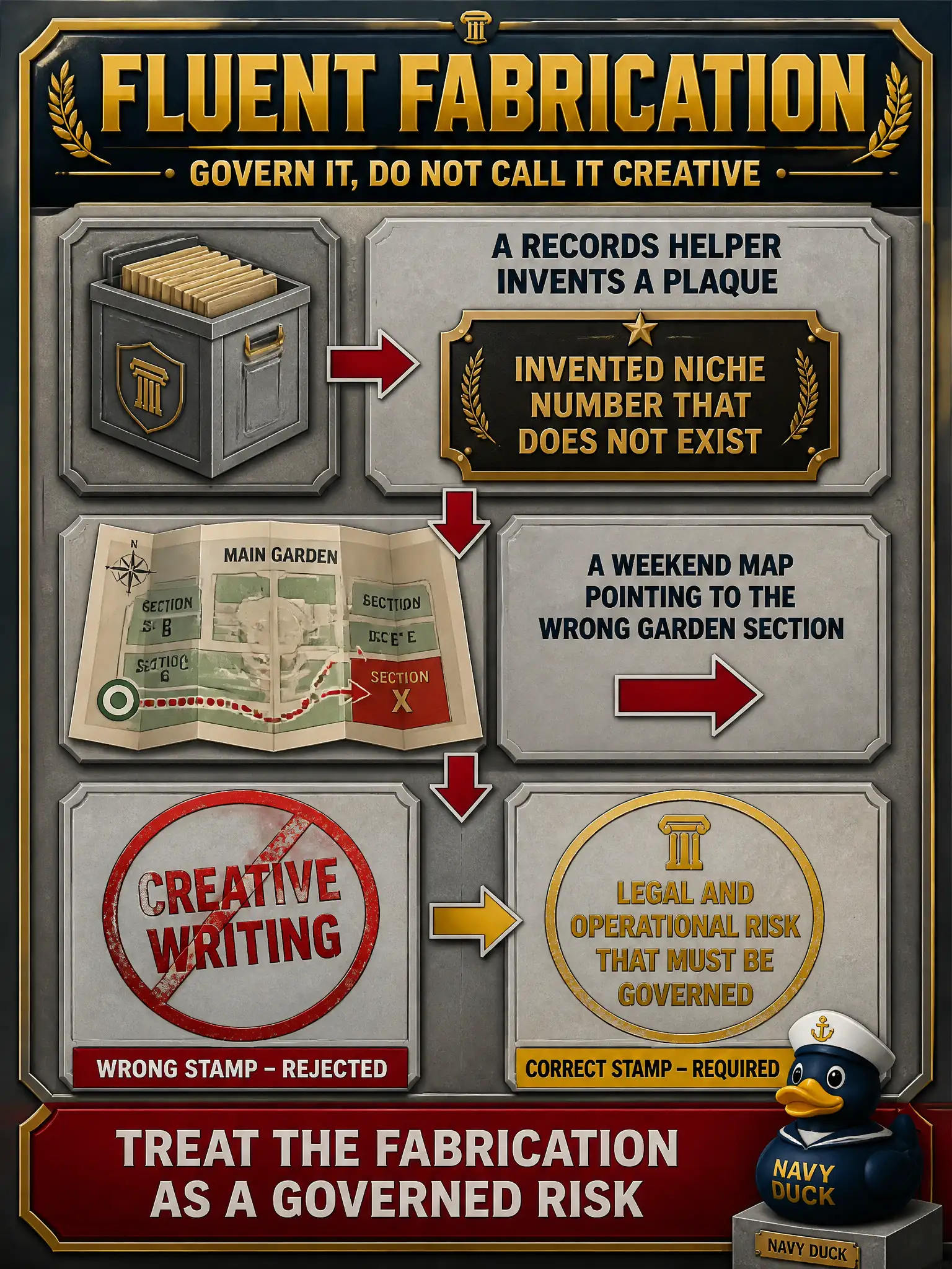 To Create an exciting colorful infographic that explains the concepts in the question: Question: A municipal columbarium-records helper invents a niche number that does not exist. A family spends a weekend at the wrong section. How should that fluent fabrication be treated? Correct Answer: As a legal and operational risk that must be governed, not as creative writing. Put EVERY visible label in double quotes. No people. No A/B/C/D letters. In one of the four corners put a little "Navy Duck".