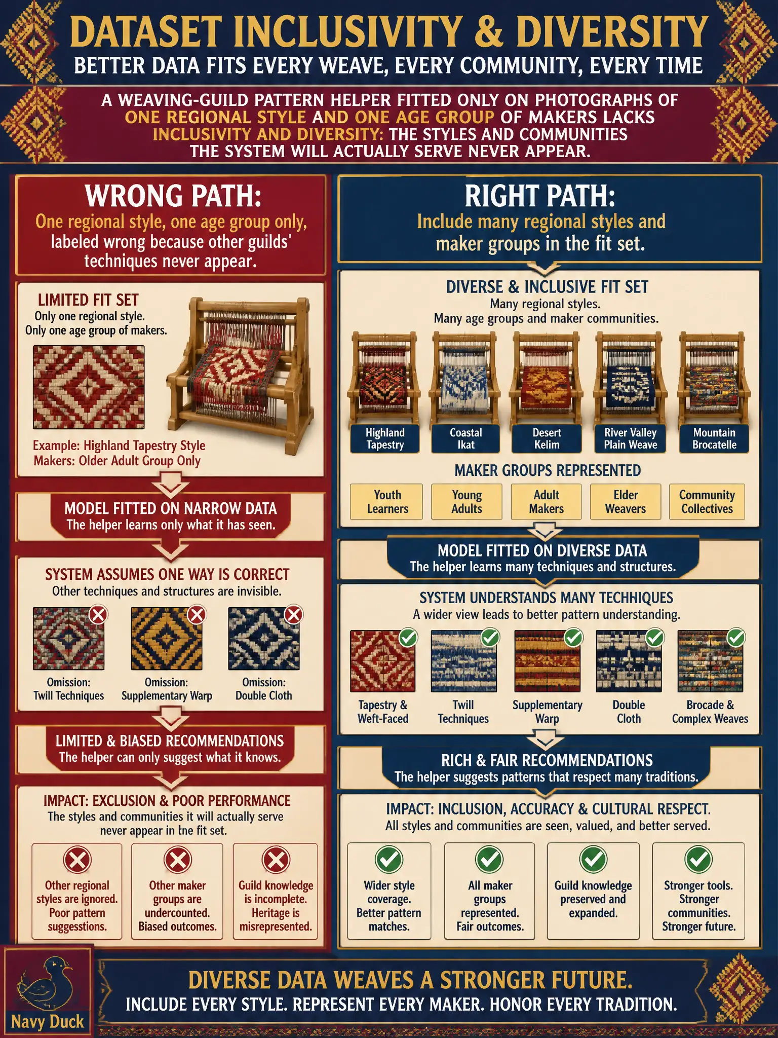 To Create an exciting colorful infographic that explains the concepts in the question: Question: A community weaving-guild pattern helper was fitted only on photographs of one regional style and one age group of makers. Other guilds’ techniques never appear. What does the dataset lack? Correct Answer: Inclusivity and diversity: the people and styles the system will actually serve. Put EVERY visible label in double quotes. No people. No A/B/C/D letters. In one of the four corners put a little "Navy Duck".