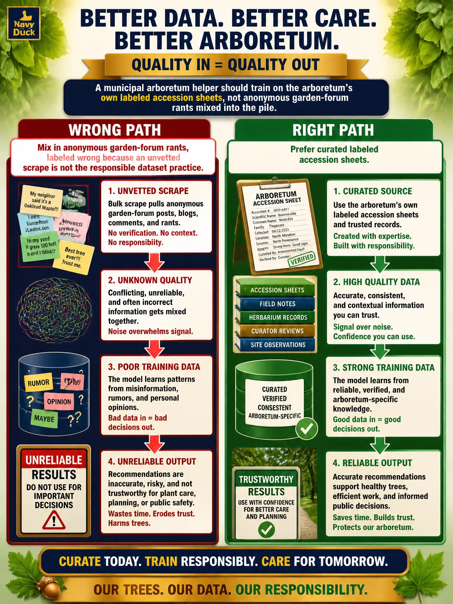 To Create an exciting colorful infographic that explains the concepts in the question: Question: A municipal arboretum helper’s training pile includes anonymous garden-forum rants next to the arboretum’s own labeled accession sheets. Which dataset practice is the responsible one? Correct Answer: Prefer curated, known sources over an unvetted scrape. Put EVERY visible label in double quotes. No people. No A/B/C/D letters. In one of the four corners put a little "Navy Duck".