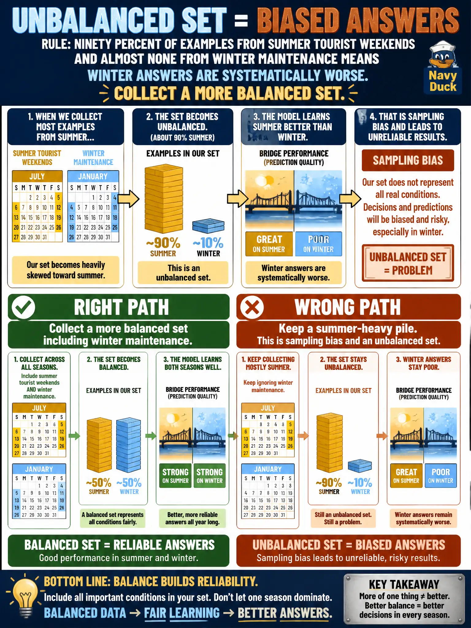 To Create an exciting colorful infographic that explains the concepts in the question: Question: A historic lift-bridge education model saw ninety percent of its examples from summer tourist weekends and almost none from winter maintenance crews. Winter answers are systematically worse. What dataset problem is that, and what should the team ask for? Correct Answer: An unbalanced set and sampling bias. Collect a more balanced set. Put EVERY visible label in double quotes. No people. No A/B/C/D letters. In one of the four corners put a little "Navy Duck".