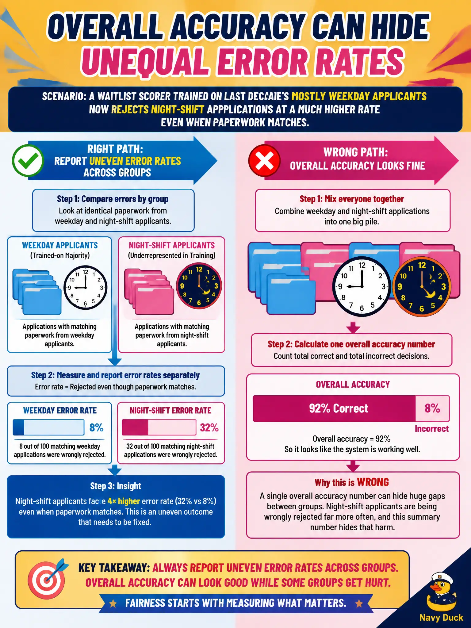 To Create an exciting colorful infographic that explains the concepts in the question: Question: A community crew-club waitlist scorer trained on last decade’s mostly weekday applicants now rejects night-shift parents at a much higher rate even when their paperwork matches. What should the team report? Correct Answer: Uneven outcomes or error rates across groups, which an overall accuracy figure can hide. Put EVERY visible label in double quotes. No people. No A/B/C/D letters. In one of the four corners put a little "Navy Duck".