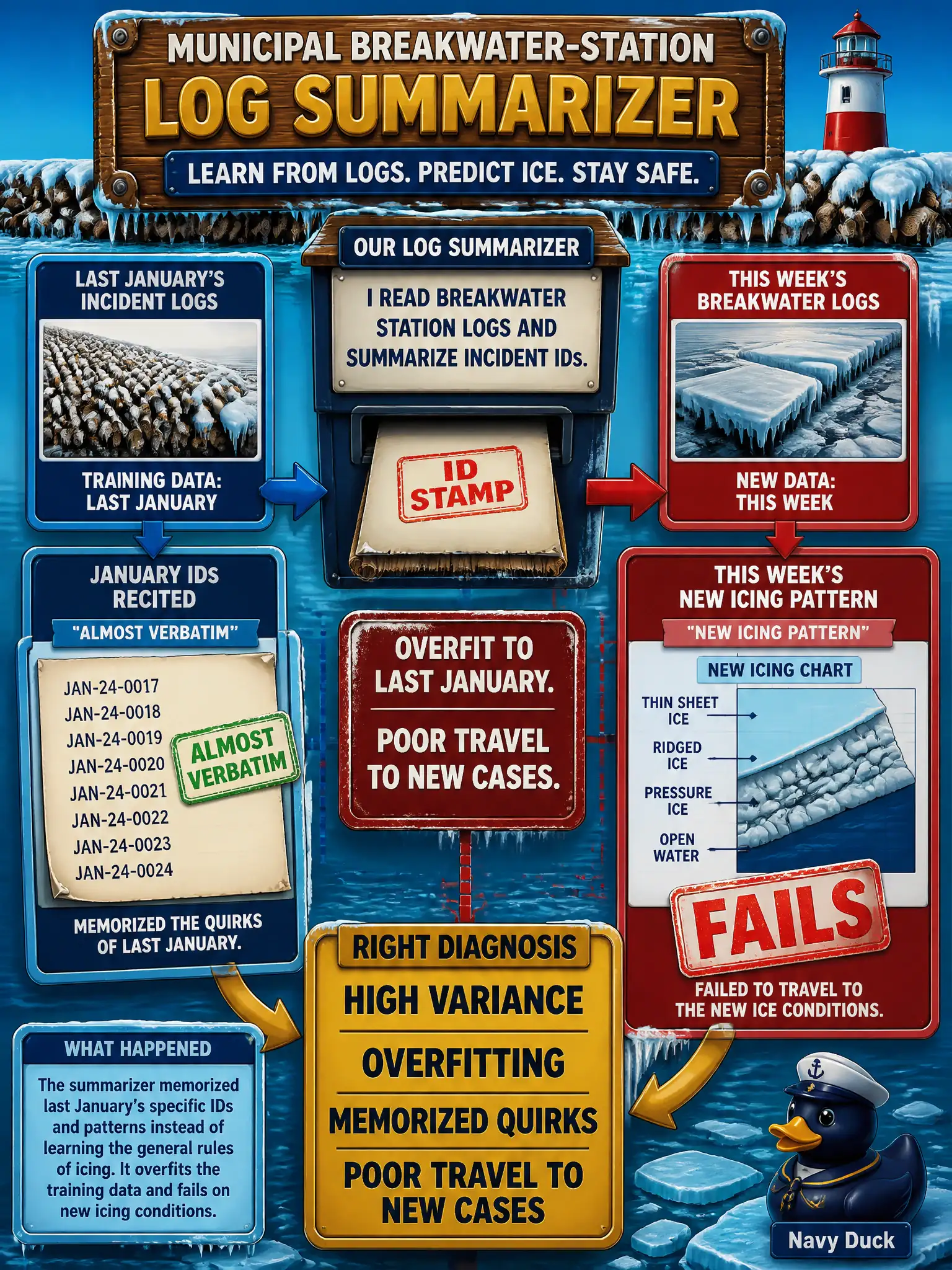 To Create an exciting colorful infographic that explains the concepts in the question: Question: A municipal breakwater-station log summarizer recites last January’s incident IDs almost verbatim and fails on this week’s new icing pattern. Which bias-and-variance effect is that? Correct Answer: High variance, or overfitting: memorized quirks and poor travel to new cases. Put EVERY visible label in double quotes. No people. No A/B/C/D letters. In one of the four corners put a little "Navy Duck".