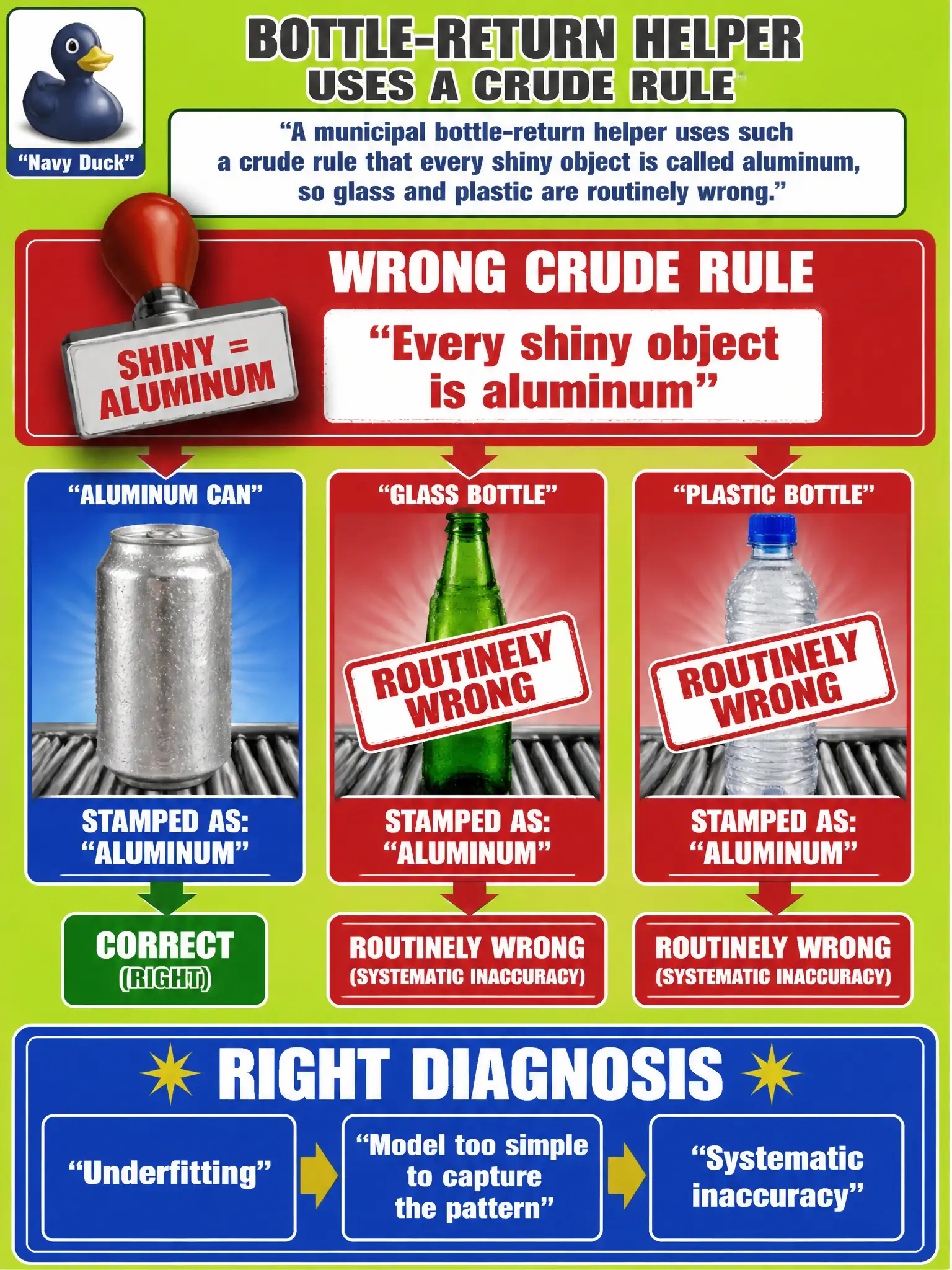 To Create an exciting colorful infographic that explains the concepts in the question: Question: A municipal bottle-return helper uses such a crude rule that every shiny object is called aluminum, so glass and plastic are routinely wrong. Which effect is that? Correct Answer: Underfitting: a model too simple to capture the pattern, causing systematic inaccuracy. Put EVERY visible label in double quotes. No people. No A/B/C/D letters. In one of the four corners put a little "Navy Duck".