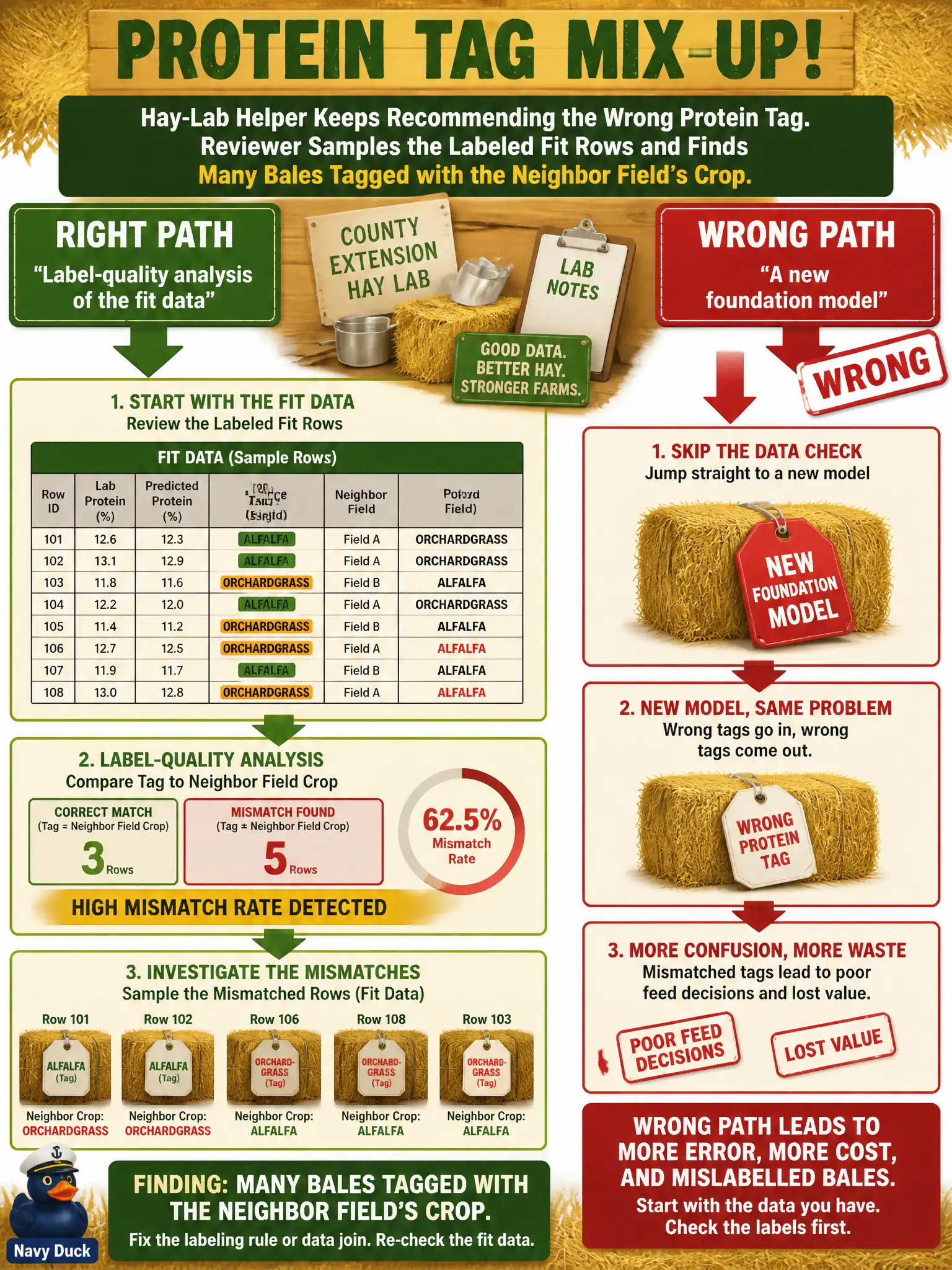 To Create an exciting colorful infographic that explains the concepts in the question: Question: A county-extension hay-lab helper keeps recommending the wrong protein tag. A reviewer samples the labeled fit rows and finds many bales tagged with the neighbor field’s crop. Where should the team start? Correct Answer: Label-quality analysis of the fit data, not a new foundation model. Put EVERY visible label in double quotes. No people. No A/B/C/D letters. In one of the four corners put a little "Navy Duck".