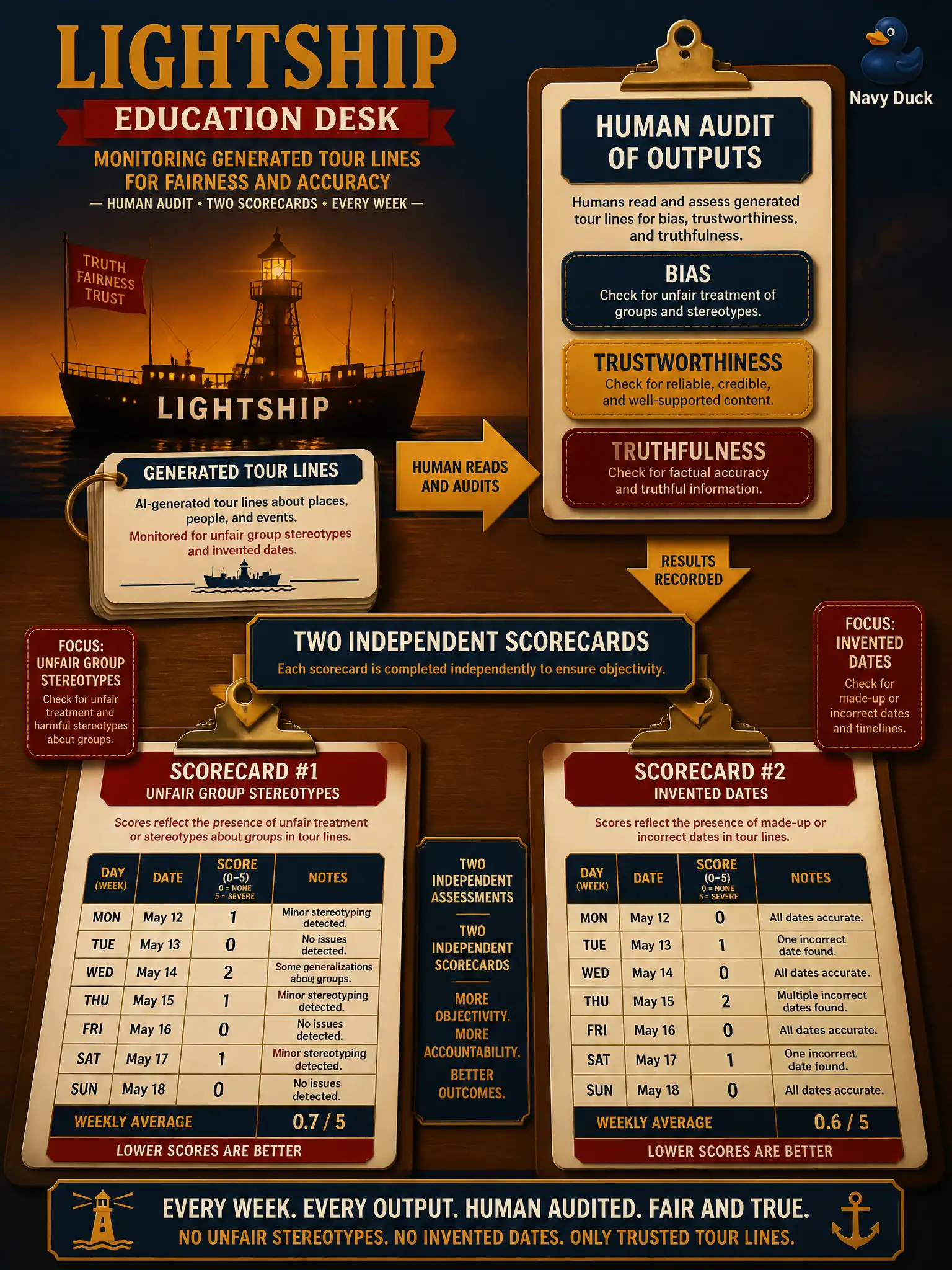To Create an exciting colorful infographic that explains the concepts in the question: Question: A historic lightship education desk has two docents independently score a week of generated tour lines for unfair group stereotypes and invented dates. Which monitoring method is that? Correct Answer: A human audit of outputs for bias, trustworthiness, and truthfulness. Put EVERY visible label in double quotes. No people. No A/B/C/D letters. In one of the four corners put a little "Navy Duck".