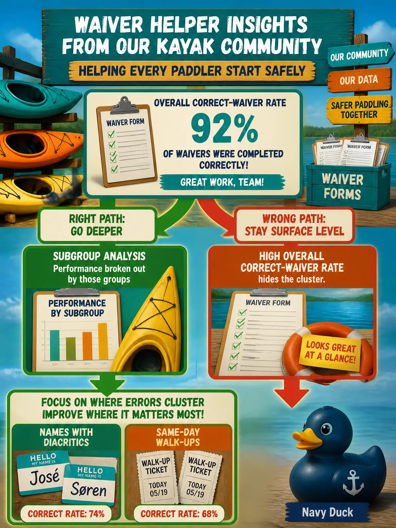 To Create an exciting colorful infographic that explains the concepts in the question: Question: A community kayak-livery waiver helper posts a high overall correct-waiver rate, but errors cluster on renters whose names use diacritics and on same-day walk-ups. What should the team ask for? Correct Answer: Subgroup analysis: performance broken out by those groups. Put EVERY visible label in double quotes. No people. No A/B/C/D letters. In one of the four corners put a little "Navy Duck".