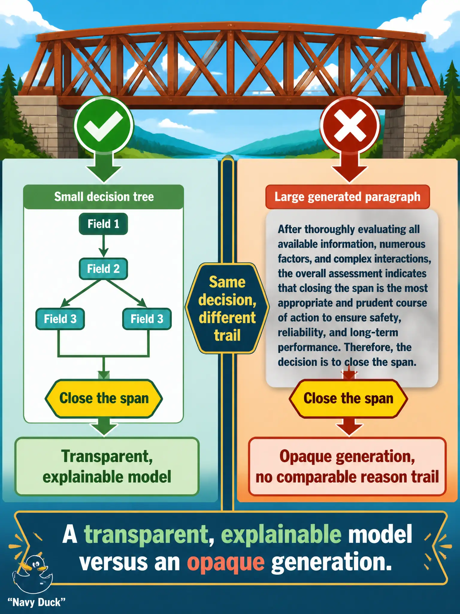 To Create an exciting colorful infographic that explains the concepts in the question: Question: A historic trestle committee can list the three inspection fields that pushed a small decision-tree toward close the span, but cannot list any comparable reason trail for a large generated paragraph that says the same thing. What contrast is that? Correct Answer: A transparent, explainable model versus an opaque generation. Put EVERY visible label in double quotes. No people. No A/B/C/D letters. In one of the four corners put a little "Navy Duck".
