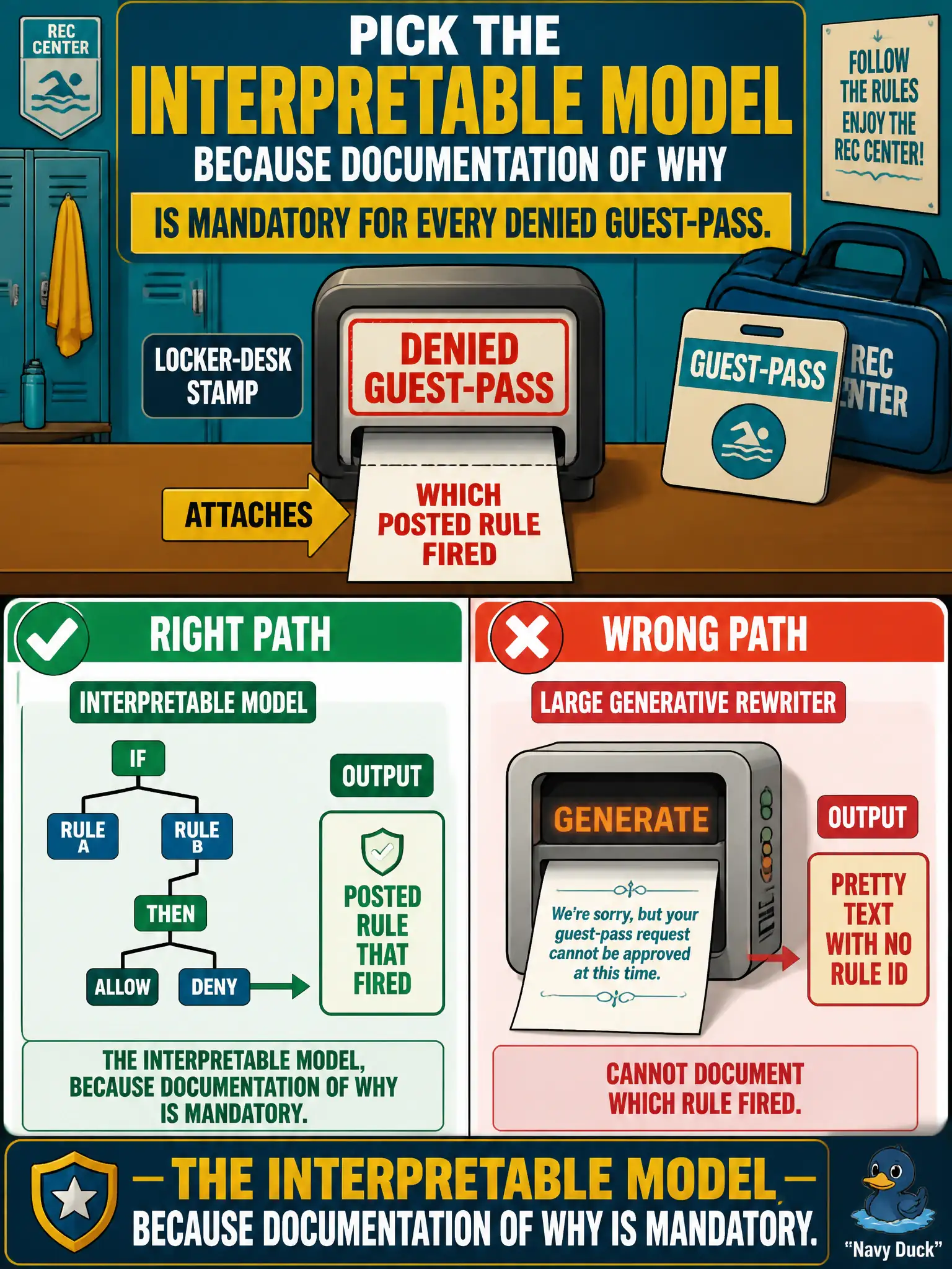 To Create an exciting colorful infographic that explains the concepts in the question: Question: A municipal rec-center locker desk must write, for every denied guest-pass, which posted rule fired. A small rules or tree model can do that; a large generative rewriter cannot. Which option should they pick, and why? Correct Answer: The interpretable model, because documentation of why is mandatory. Put EVERY visible label in double quotes. No people. No A/B/C/D letters. In one of the four corners put a little "Navy Duck".