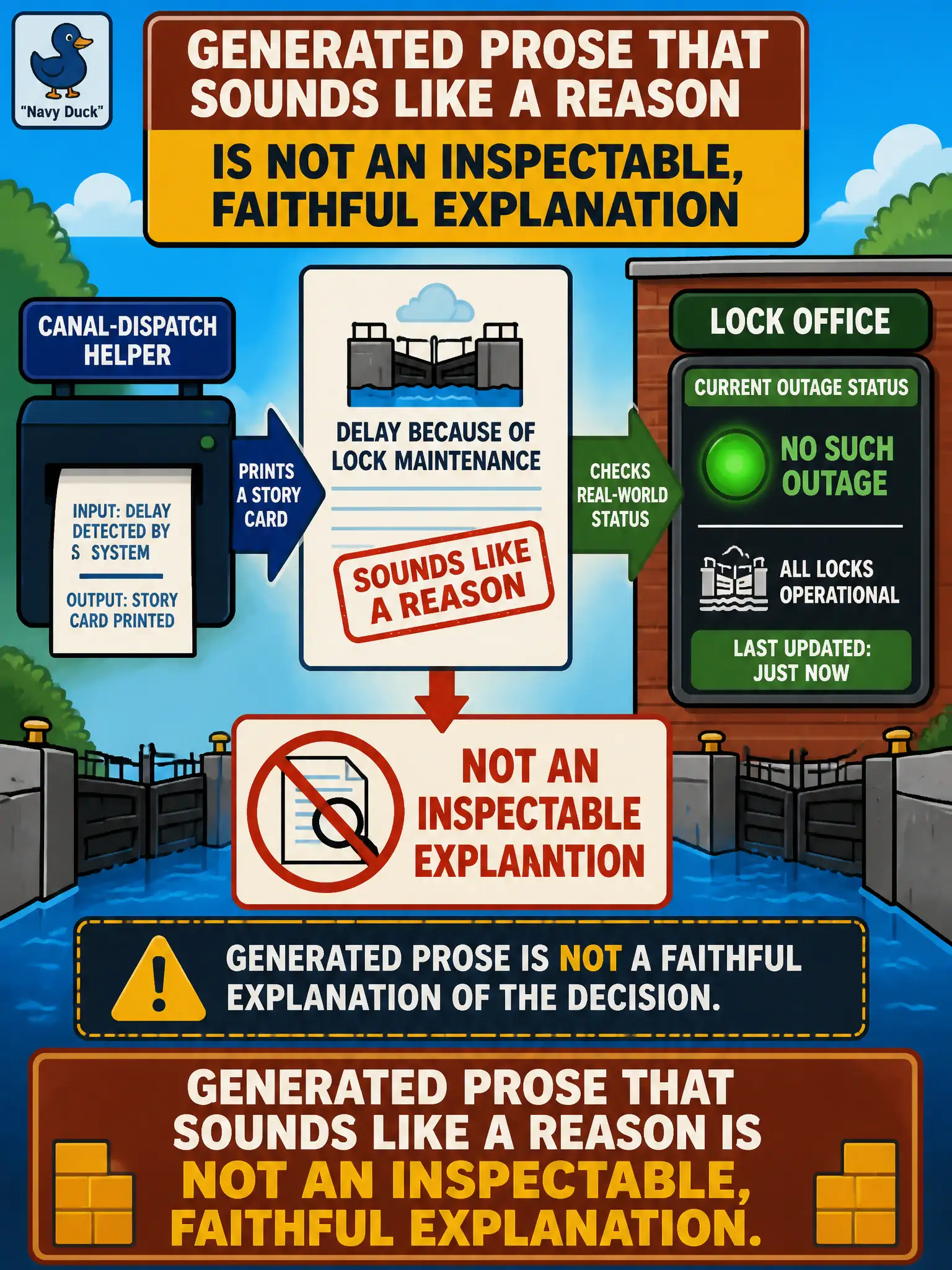 To Create an exciting colorful infographic that explains the concepts in the question: Question: A municipal canal-dispatch helper prints a confident delay because of lock maintenance story. The lock office has no such outage. Why is that story not an explanation of the model’s decision? Correct Answer: Generated prose that sounds like a reason is not an inspectable, faithful explanation. Put EVERY visible label in double quotes. No people. No A/B/C/D letters. In one of the four corners put a little "Navy Duck".