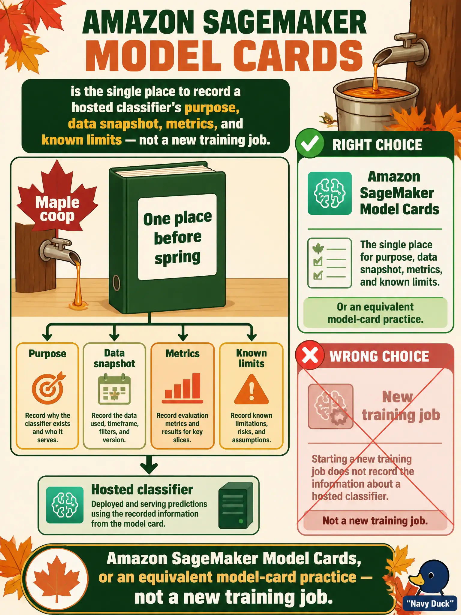 To Create an exciting colorful infographic that explains the concepts in the question: Question: A community maple-coop wants a single place that records a SageMaker-hosted classifier’s purpose, data snapshot, metrics, and known limits before the spring season. Which tool fits? Correct Answer: Amazon SageMaker Model Cards, or an equivalent model-card practice — not a new training job. Put EVERY visible label in double quotes. No people. No A/B/C/D letters. In one of the four corners put a little "Navy Duck".