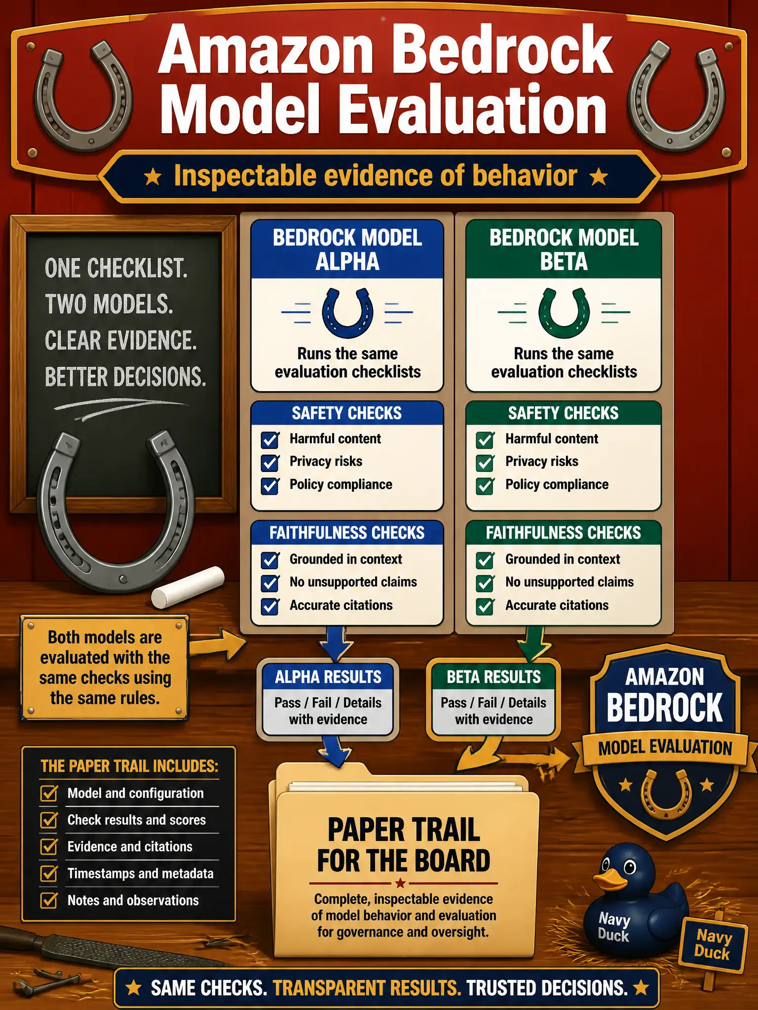 To Create an exciting colorful infographic that explains the concepts in the question: Question: A historic farrier education desk must show the board how two Bedrock models behave on the same safety and faithfulness checks, with a paper trail. Which AWS feature supplies that evidence? Correct Answer: Amazon Bedrock Model Evaluation, as inspectable evidence of behavior. Put EVERY visible label in double quotes. No people. No A/B/C/D letters. In one of the four corners put a little "Navy Duck".