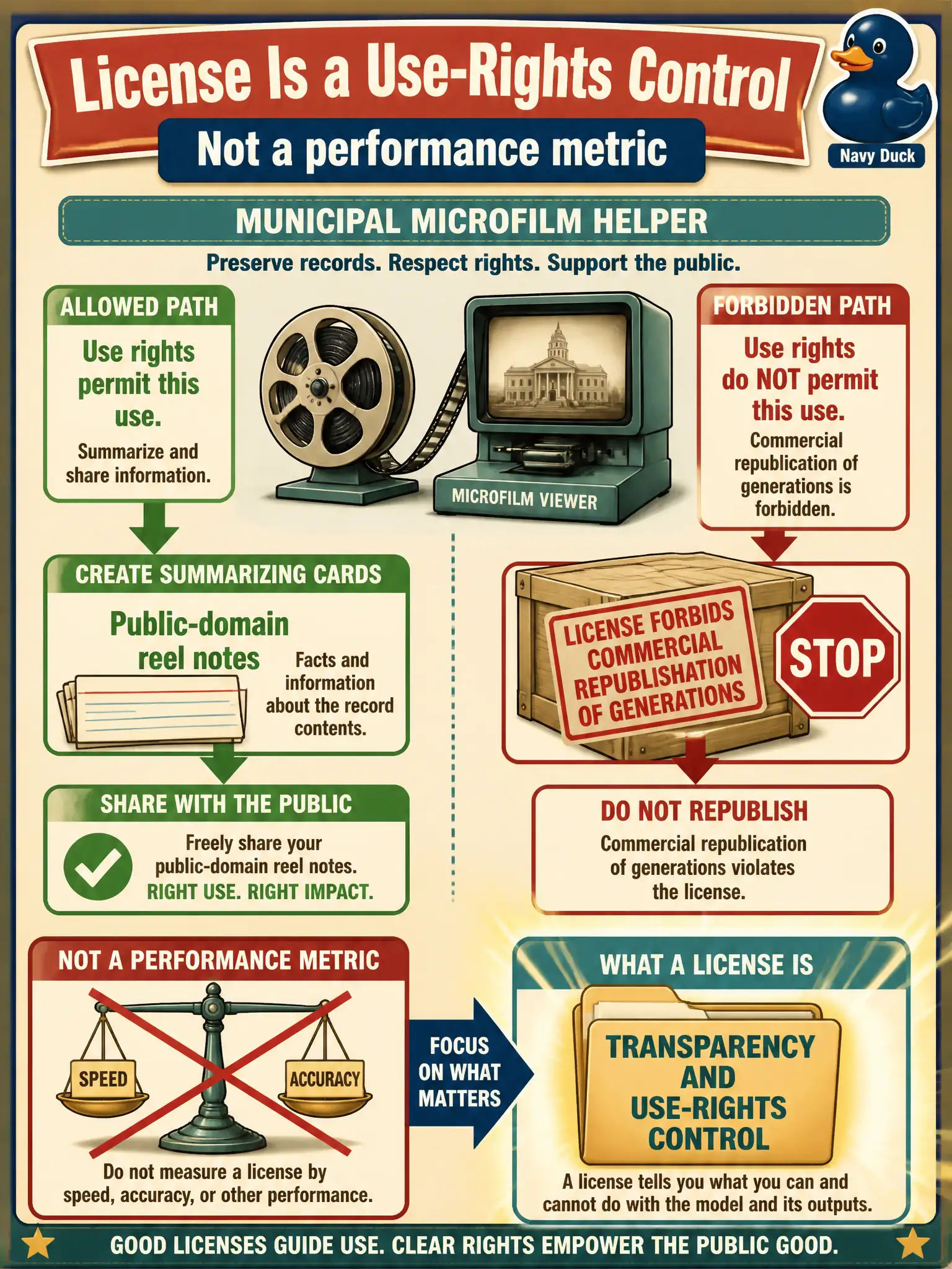 To Create an exciting colorful infographic that explains the concepts in the question: Question: A municipal microfilm helper may summarize public-domain reel notes but must not ship a model whose license forbids commercial republication of generations. What should the team treat the license as? Correct Answer: A transparency and use-rights control, not a performance metric. Put EVERY visible label in double quotes. No people. No A/B/C/D letters. In one of the four corners put a little "Navy Duck".