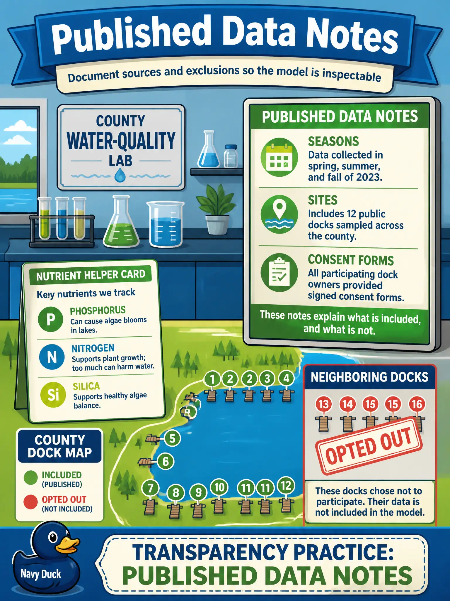 To Create an exciting colorful infographic that explains the concepts in the question: Question: A county water-quality lab publishes which seasons, sites, and consent forms went into a nutrient helper, and which neighboring docks opted out. Which transparency practice is that? Correct Answer: Published data notes: documenting sources and exclusions so the model is inspectable. Put EVERY visible label in double quotes. No people. No A/B/C/D letters. In one of the four corners put a little "Navy Duck".