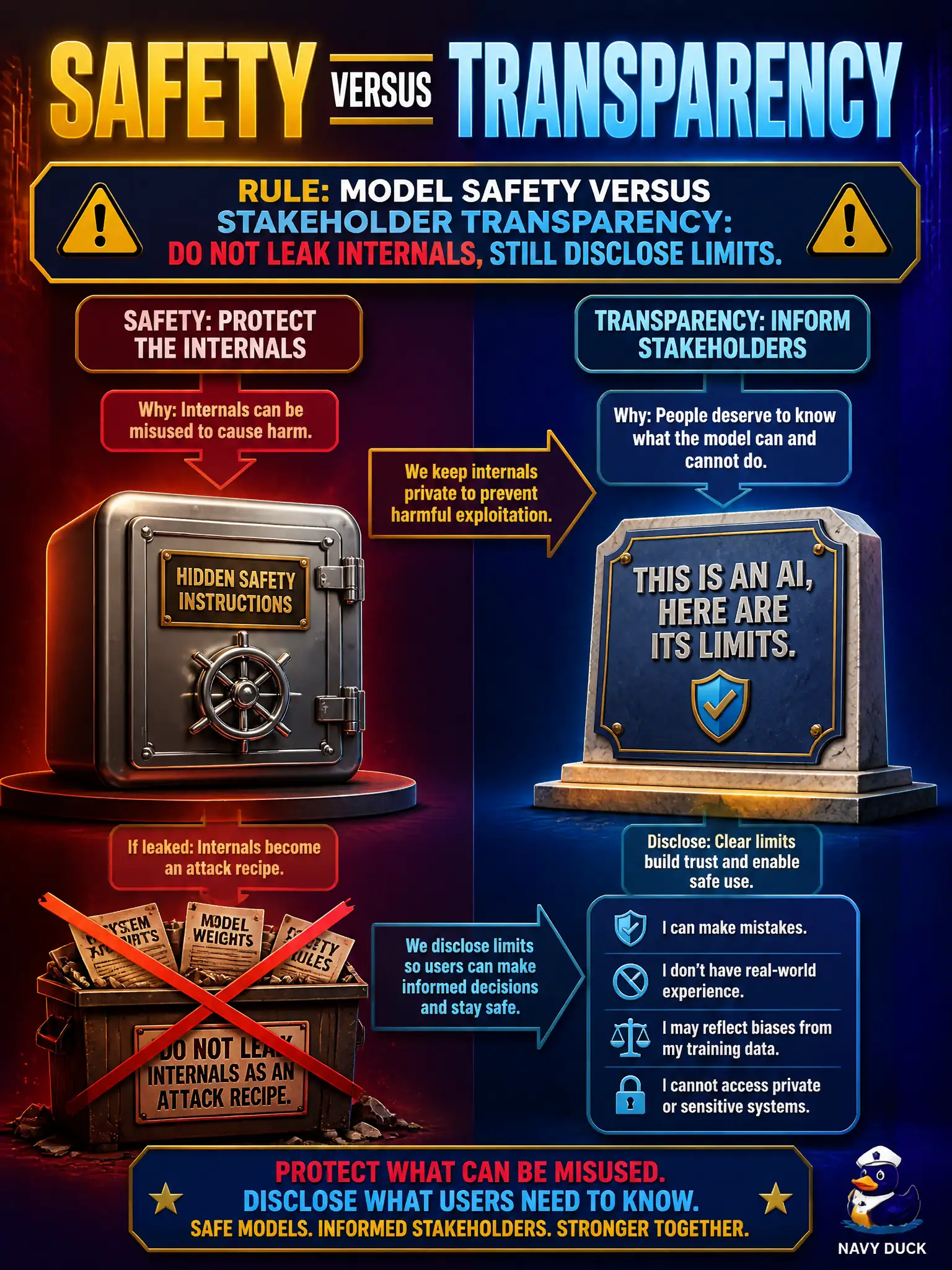 To Create an exciting colorful infographic that explains the concepts in the question: Question: A municipal flood-tower helper’s hidden safety instructions would become an attack recipe if printed to every visitor. The desk still owes the public a plain-language this is an AI, here are its limits. Which tradeoff is that? Correct Answer: Model safety versus stakeholder transparency: do not leak internals, still disclose limits. Put EVERY visible label in double quotes. No people. No A/B/C/D letters. In one of the four corners put a little "Navy Duck".