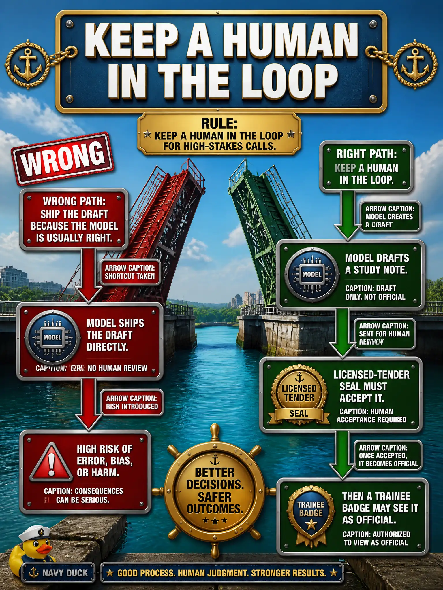To Create an exciting colorful infographic that explains the concepts in the question: Question: A municipal drawbridge-rule helper may draft a study note, but a licensed tender must accept it before a trainee sees it as official. Which human-centered design rule is that? Correct Answer: Keep a human in the loop for high-stakes calls. Do not ship the draft because the model is usually right. Put EVERY visible label in double quotes. No people. No A/B/C/D letters. In one of the four corners put a little "Navy Duck".
