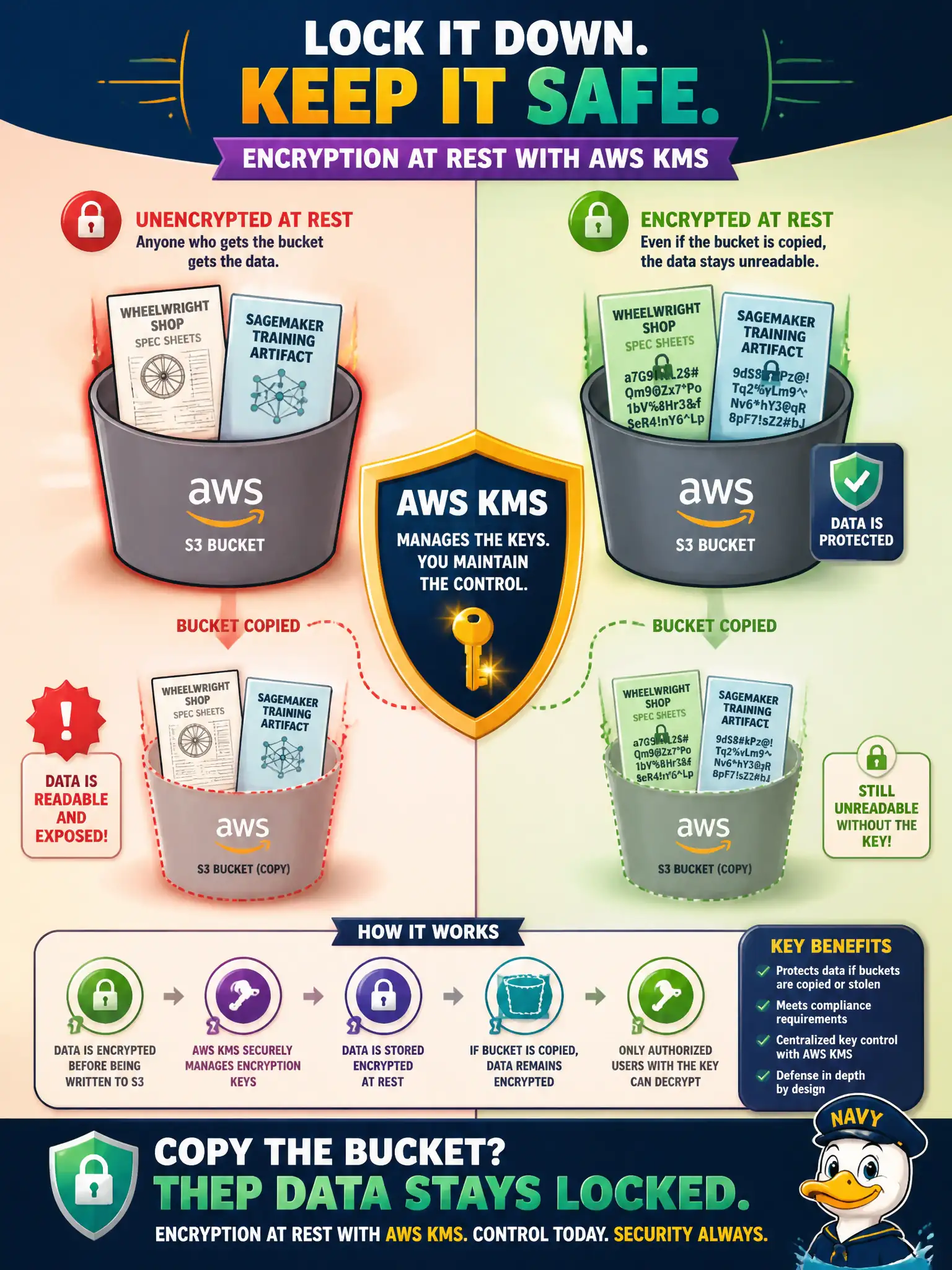 To Create an exciting colorful infographic that explains the concepts in the question: Question: A historic wheelwright shop’s spec sheets and a SageMaker training artifact must be unreadable on disk if someone copies the bucket. Which control should they pick? Correct Answer: Encryption at rest with AWS KMS, not hope the model forgets. Put EVERY visible label in double quotes. No people. No A/B/C/D letters. In one of the four corners put a little "Navy Duck".