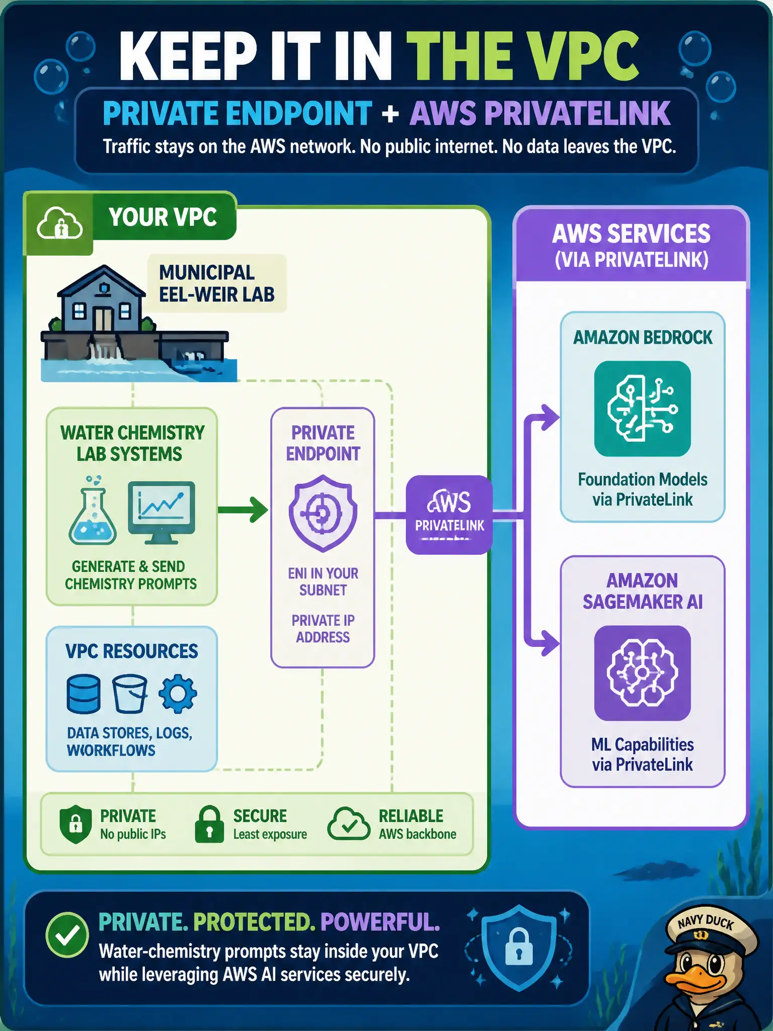 To Create an exciting colorful infographic that explains the concepts in the question: Question: A municipal eel-weir lab will not send water-chemistry prompts across the public internet. Which pattern keeps that traffic inside the VPC? Correct Answer: A private endpoint using AWS PrivateLink to Amazon Bedrock or Amazon SageMaker AI. Put EVERY visible label in double quotes. No people. No A/B/C/D letters. In one of the four corners put a little "Navy Duck".