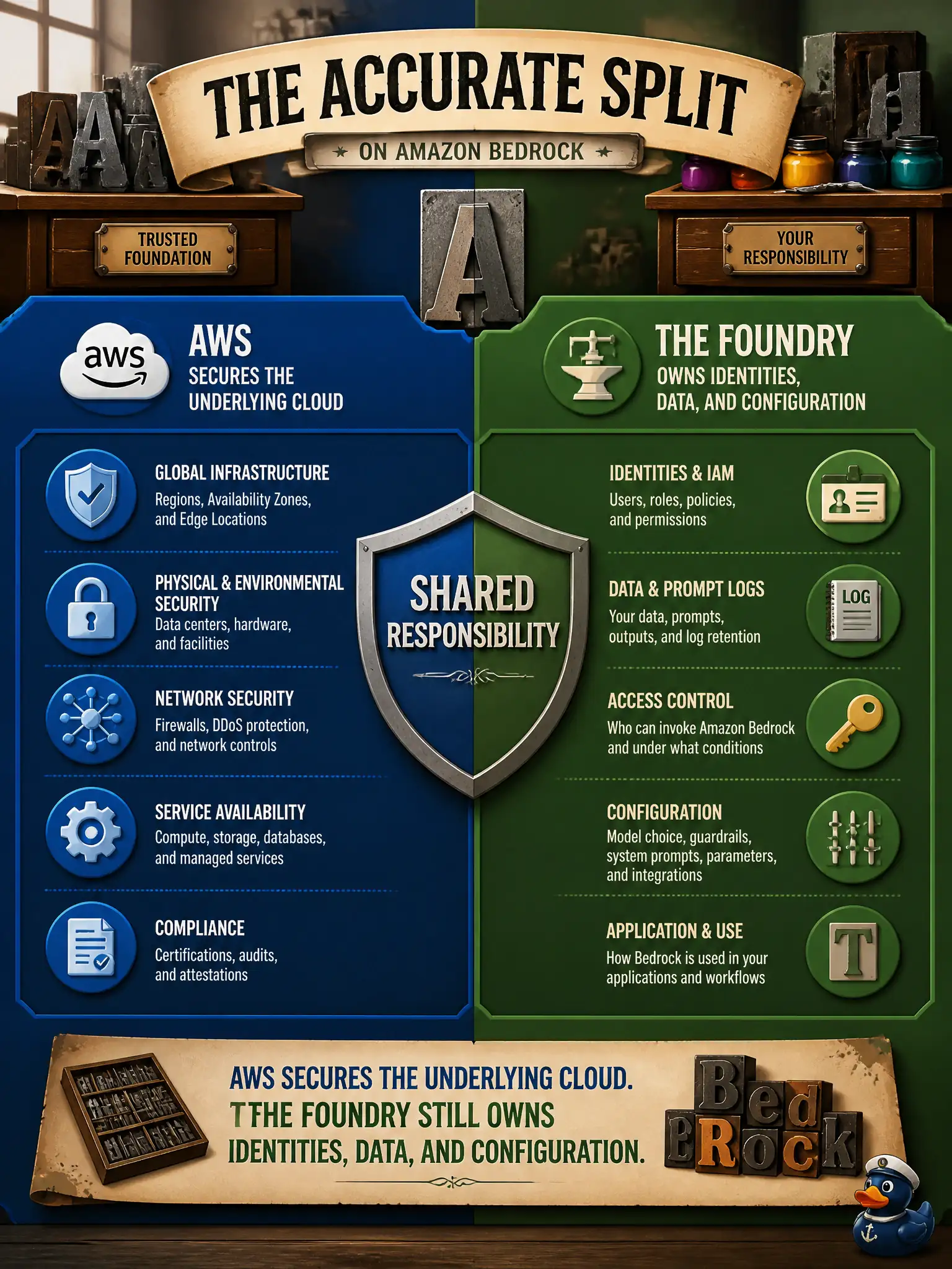To Create an exciting colorful infographic that explains the concepts in the question: Question: A historic type-foundry assumes that because they picked Amazon Bedrock, AWS is responsible for their prompt logs, their IAM, and which volunteers can invoke. What is the accurate split? Correct Answer: AWS secures the underlying cloud. The foundry still owns identities, data, and configuration. Put EVERY visible label in double quotes. No people. No A/B/C/D letters. In one of the four corners put a little "Navy Duck".