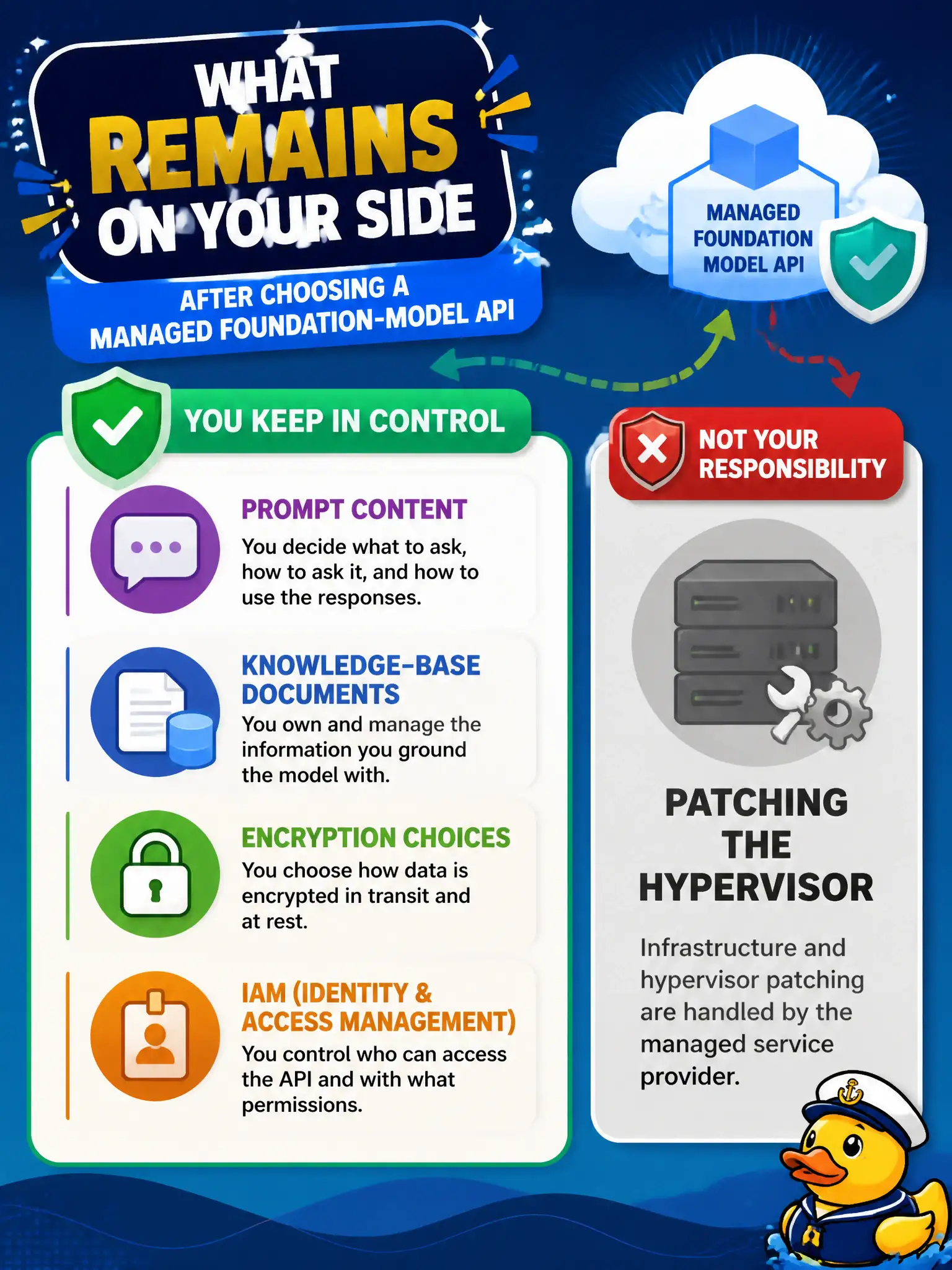 To Create an exciting colorful infographic that explains the concepts in the question: Question: The same type-foundry asks what remains on their side after they choose a managed foundation-model API. Which list is accurate? Correct Answer: Prompt content, knowledge-base documents, encryption choices, and IAM — not patching the hypervisor. Put EVERY visible label in double quotes. No people. No A/B/C/D letters. In one of the four corners put a little "Navy Duck".