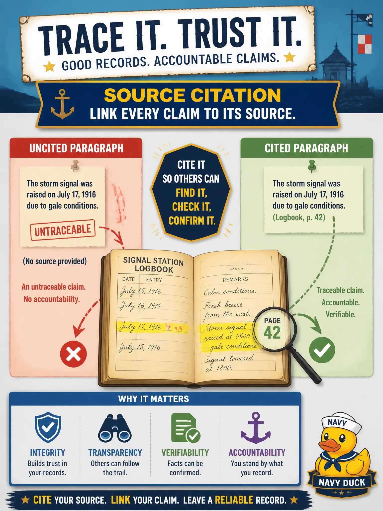 To Create an exciting colorful infographic that explains the concepts in the question: Question: A historic signal-station exhibit helper must show which logbook page supported a date. An uncited paragraph is treated as an untraceable claim. Which security or accountability practice is that? Correct Answer: Source citation, so a generated claim can be traced to a page. Put EVERY visible label in double quotes. No people. No A/B/C/D letters. In one of the four corners put a little "Navy Duck".