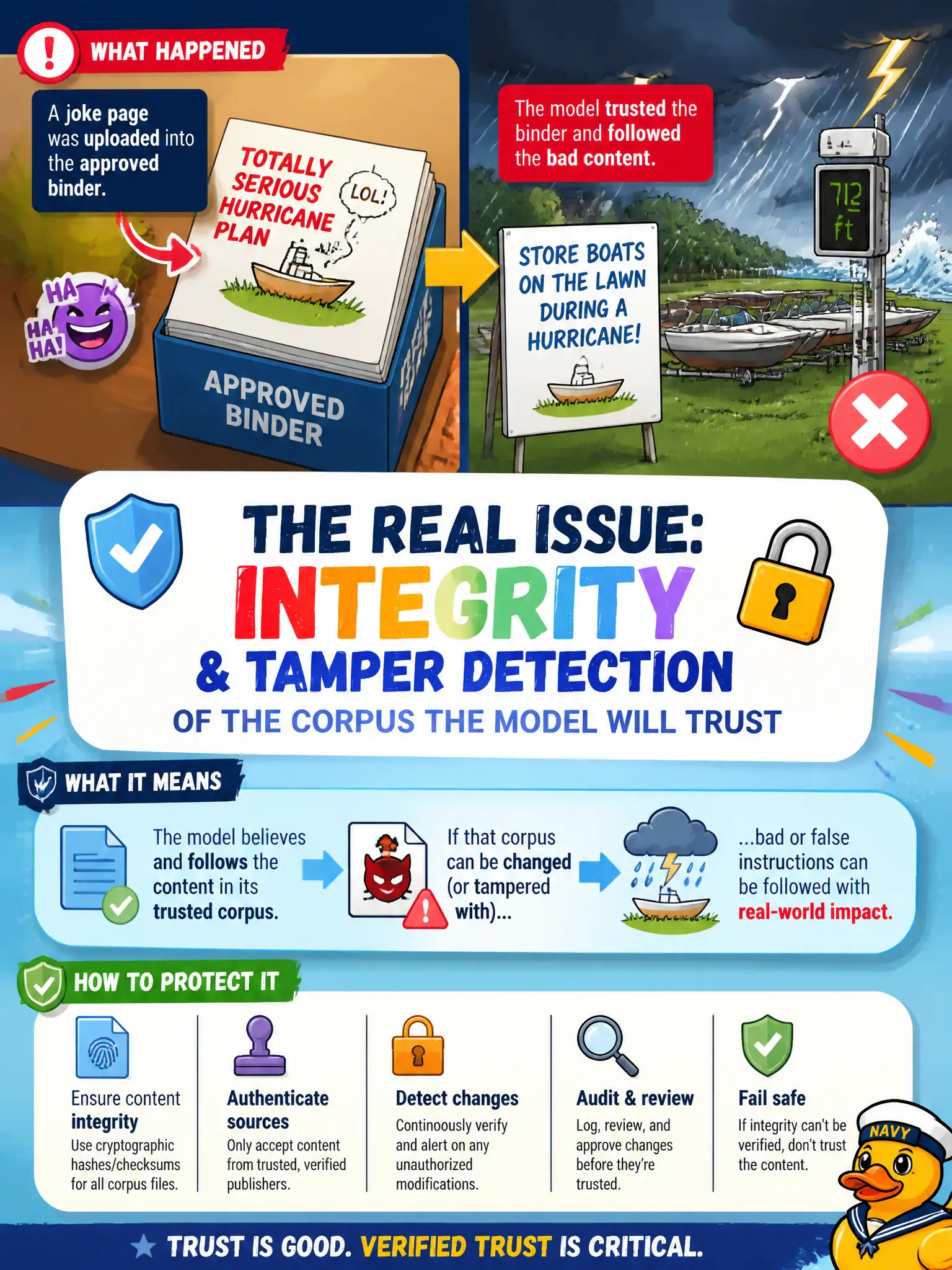To Create an exciting colorful infographic that explains the concepts in the question: Question: A municipal tide-gauge helper started recommending store boats on the lawn during a hurricane after someone uploaded a joke page into the approved binder. Which security issue is that? Correct Answer: Integrity and tamper detection of the corpus the model will trust. Put EVERY visible label in double quotes. No people. No A/B/C/D letters. In one of the four corners put a little "Navy Duck".