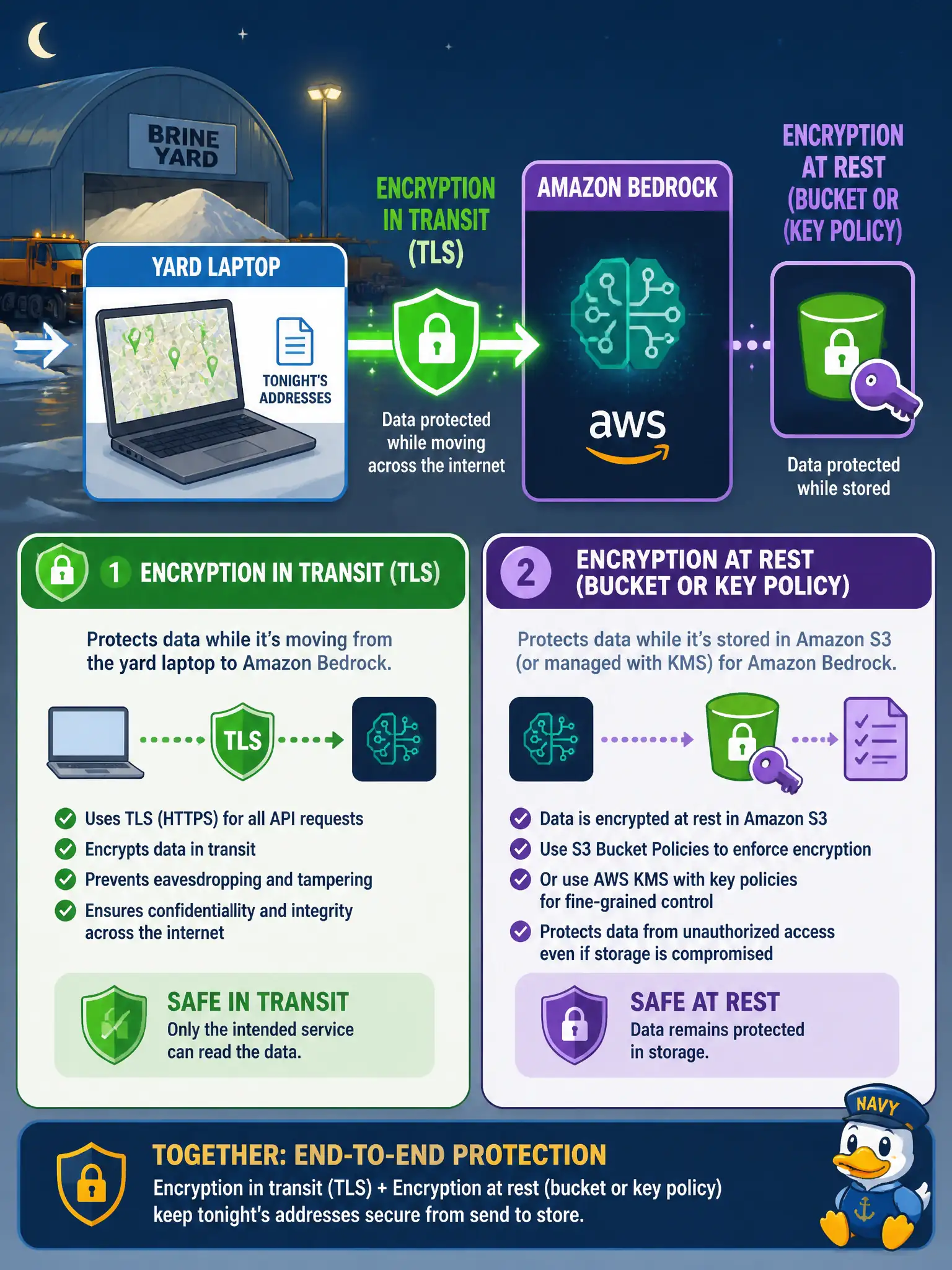 To Create an exciting colorful infographic that explains the concepts in the question: Question: A municipal brine-yard route helper sends tonight’s addresses from a yard laptop to Amazon Bedrock. Which pair of controls is required? Correct Answer: Encryption in transit (TLS) and encryption at rest (bucket or key policy). Put EVERY visible label in double quotes. No people. No A/B/C/D letters. In one of the four corners put a little "Navy Duck".