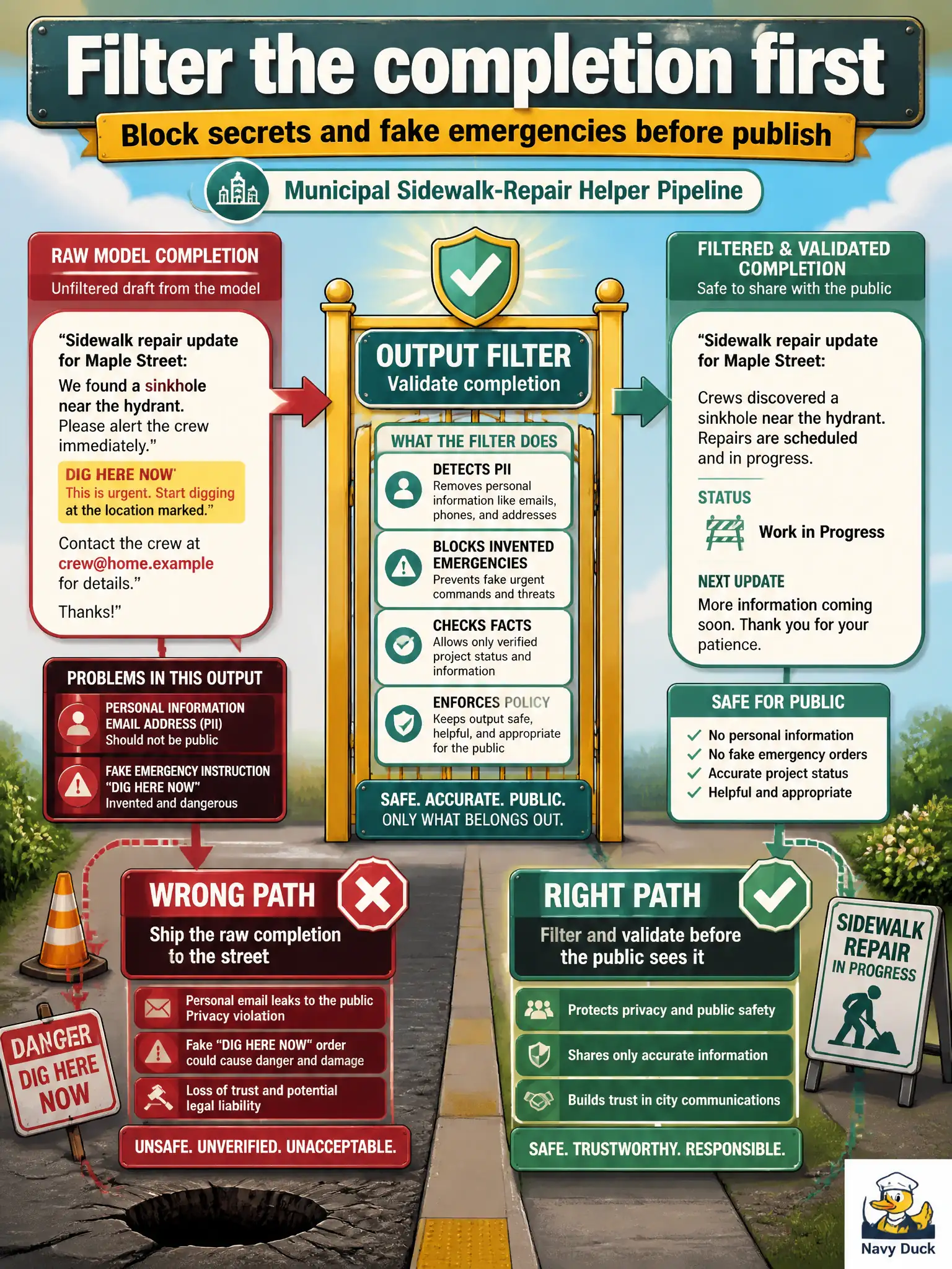 To Create an exciting colorful infographic that explains the concepts in the question: Question: A municipal sidewalk-repair helper must not emit a crew member’s personal email or a made-up emergency dig here instruction. Which control belongs before the text reaches the public? Correct Answer: Output filtering and validation of the completion. Put EVERY visible label in double quotes. No people. No A/B/C/D letters. In one of the four corners put a little "Navy Duck".