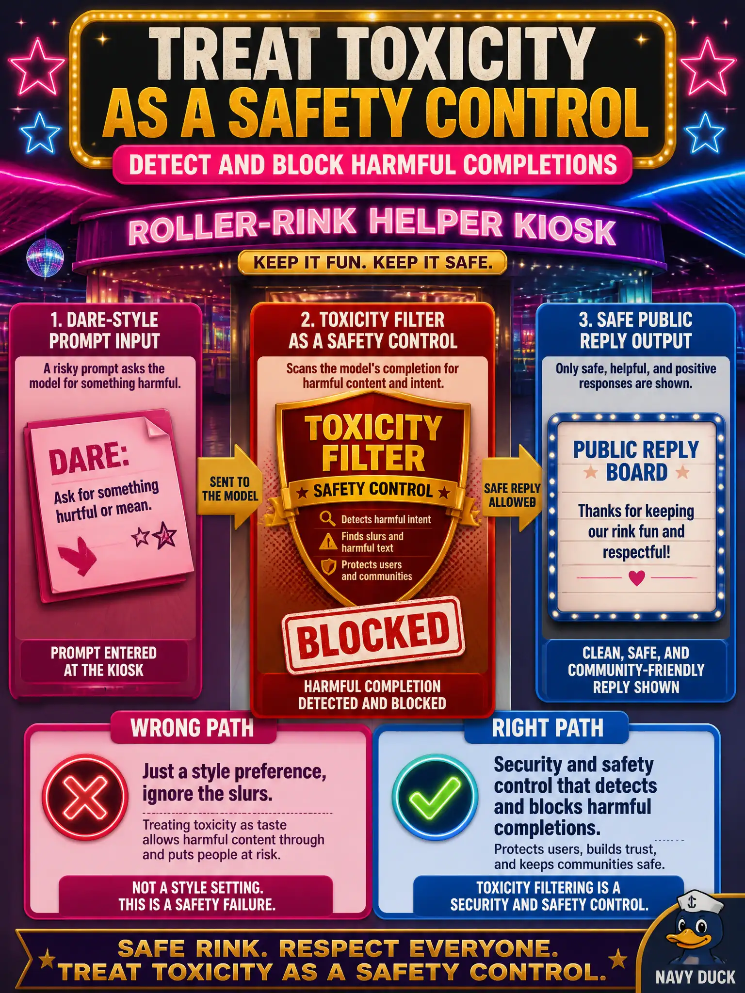 To Create an exciting colorful infographic that explains the concepts in the question: Question: A municipal roller-rink helper begins returning slurs when teens dare it. How should toxicity filtering be treated? Correct Answer: As a security and safety control that detects and blocks harmful completions. Put EVERY visible label in double quotes. No people. No A/B/C/D letters. In one of the four corners put a little "Navy Duck".