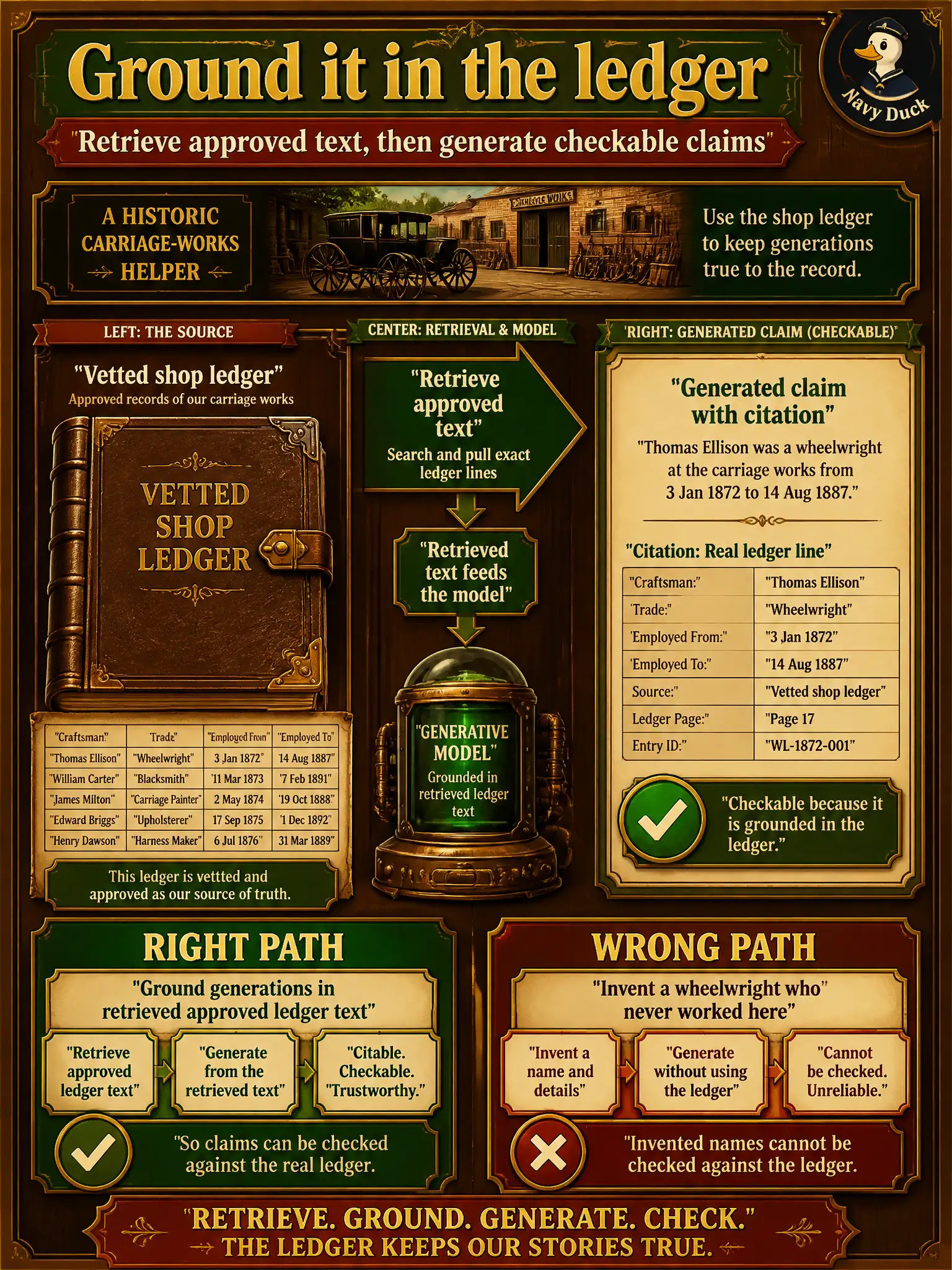 To Create an exciting colorful infographic that explains the concepts in the question: Question: A historic carriage-works helper invents a wheelwright who never worked there. Staff already have a vetted shop ledger. Which Domain 5 accuracy-security method should they require? Correct Answer: Ground generations in retrieved approved text from that ledger so claims can be checked. Put EVERY visible label in double quotes. No people. No A/B/C/D letters. In one of the four corners put a little "Navy Duck".
