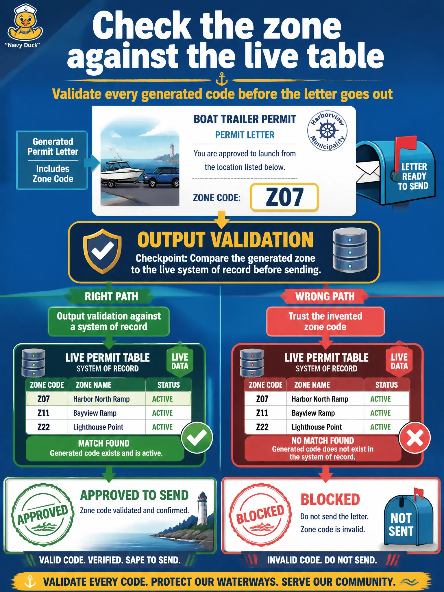 To Create an exciting colorful infographic that explains the concepts in the question: Question: A municipal boat-trailer-permit helper must not invent a zone code. Every generated zone is checked against the live permit table before the letter goes out. Which method is that? Correct Answer: Output validation against a system of record. Put EVERY visible label in double quotes. No people. No A/B/C/D letters. In one of the four corners put a little "Navy Duck".