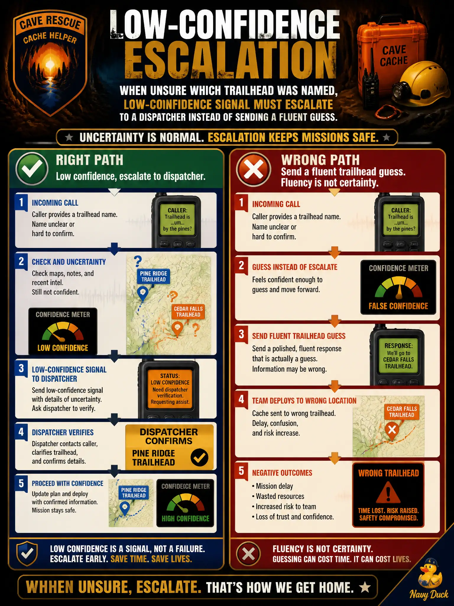 To Create an exciting colorful infographic that explains the concepts in the question: Question: A volunteer cave-rescue cache helper is unsure which trailhead a caller named. What should a low-confidence signal do? Correct Answer: Escalate to a dispatcher instead of sending a fluent guess. Put EVERY visible label in double quotes. No people. No A/B/C/D letters. In one of the four corners put a little "Navy Duck".