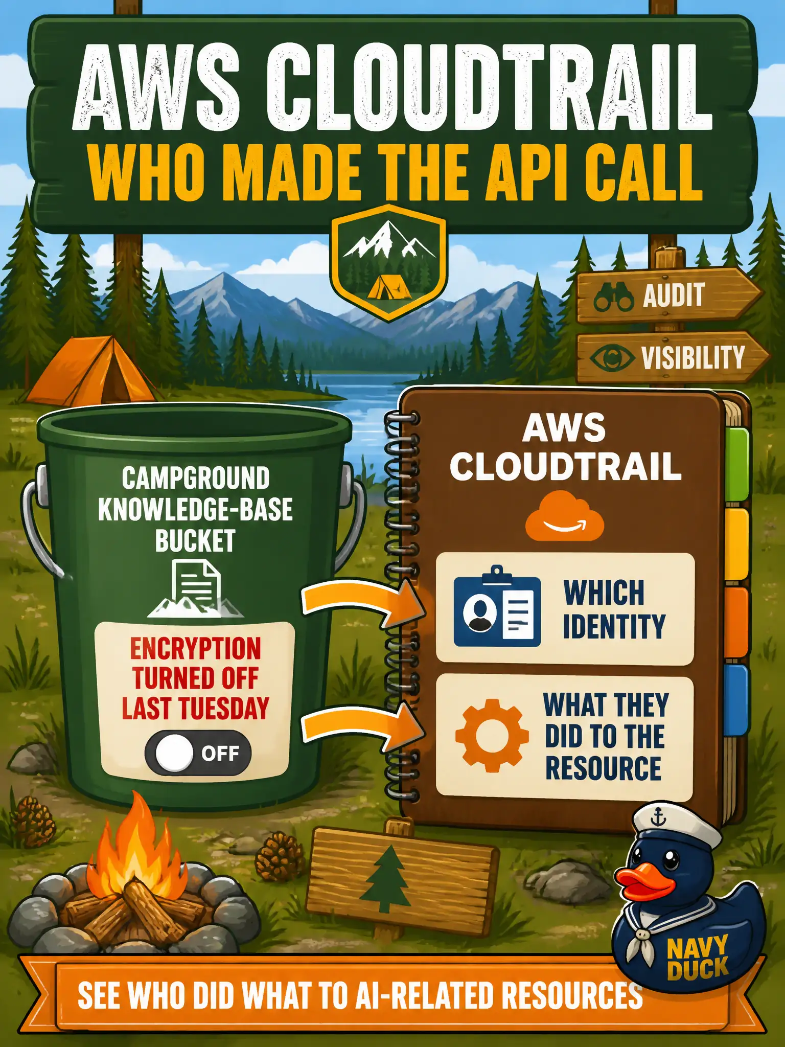 To Create an exciting colorful infographic that explains the concepts in the question: Question: Someone turned off encryption on the municipal campground’s knowledge-base bucket last Tuesday. Which service shows which identity made that API call? Correct Answer: AWS CloudTrail, to see who did what to AI-related resources. Put EVERY visible label in double quotes. No people. No A/B/C/D letters. In one of the four corners put a little "Navy Duck".