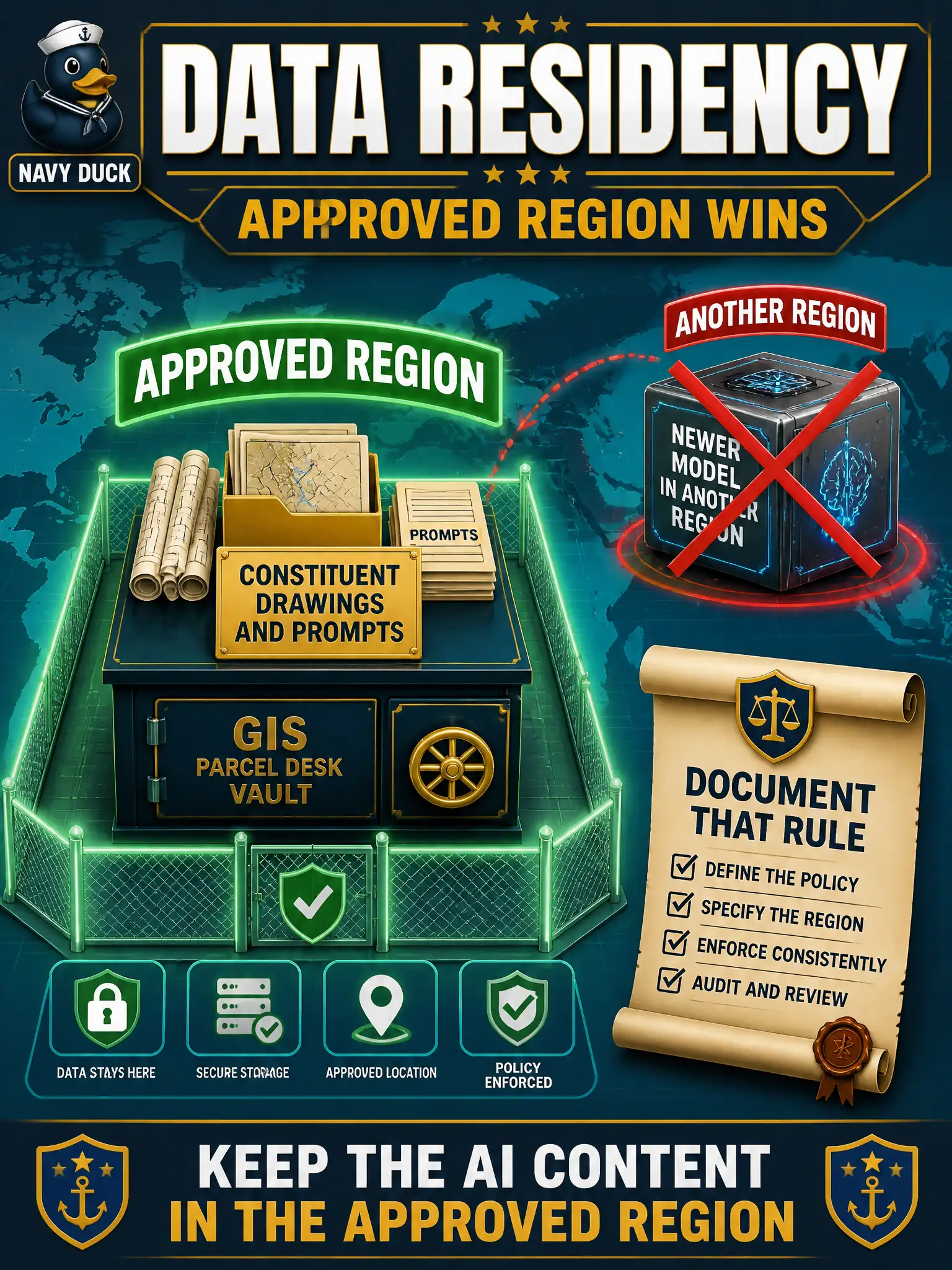 To Create an exciting colorful infographic that explains the concepts in the question: Question: A county GIS parcel desk must keep constituent drawings and prompts in an approved Region even if another Region has a newer model. Which governance rule should win? Correct Answer: Data residency: keep the AI content in the approved Region and document that rule. Put EVERY visible label in double quotes. No people. No A/B/C/D letters. In one of the four corners put a little "Navy Duck".
