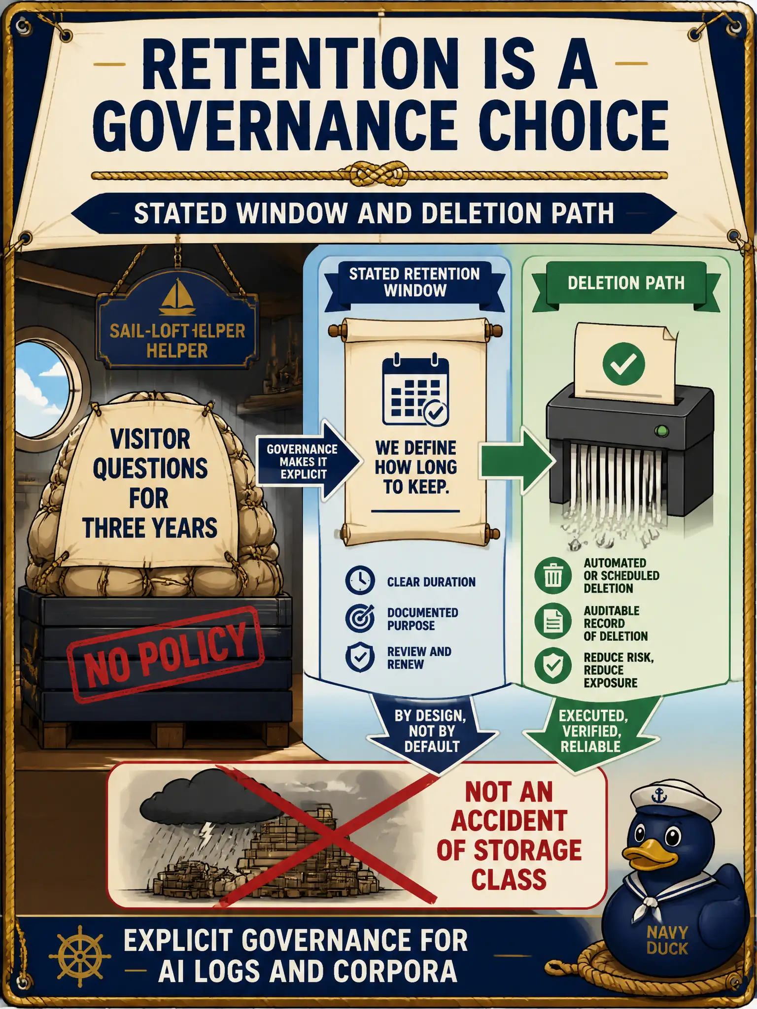 To Create an exciting colorful infographic that explains the concepts in the question: Question: A historic sail-loft helper’s invocation logs hold visitor questions for three years with no policy. Counsel wants a stated retention window and a deletion path. What kind of control is that? Correct Answer: Retention as an explicit governance choice for AI logs and corpora, not an accident of storage class. Put EVERY visible label in double quotes. No people. No A/B/C/D letters. In one of the four corners put a little "Navy Duck".