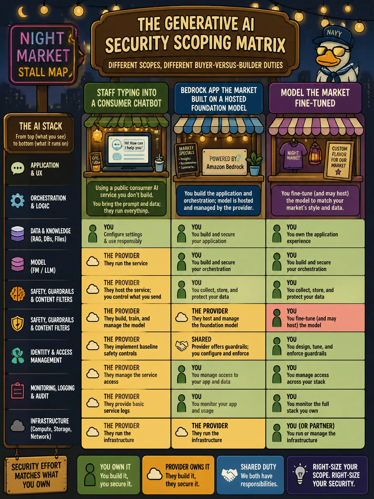 To Create an exciting colorful infographic that explains the concepts in the question: Question: A municipal night-market stall map is (a) staff typing into a consumer chatbot, versus (b) a Bedrock app the market built on a hosted foundation model, versus (c) a model the market fine-tuned. Which idea matches security effort to how much of the stack they own? Correct Answer: The Generative AI Security Scoping Matrix: different scopes, different buyer-versus-builder duties. Put EVERY visible label in double quotes. No people. No A/B/C/D letters. In one of the four corners put a little "Navy Duck".