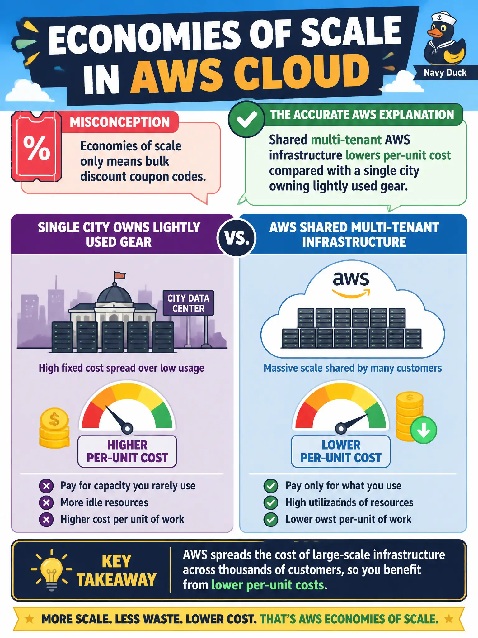 To Create an exciting colorful infographic that explains the concepts in the question: Question: A finance director hears economies of scale and thinks it only means bulk discount coupon codes. What is the accurate AWS Cloud explanation? Correct Answer: Shared multi-tenant AWS infrastructure lowers per-unit cost compared with a single city owning lightly used gear. Put EVERY visible label in double quotes. No people. No A/B/C/D letters. In one of the four corners put a little "Navy Duck".