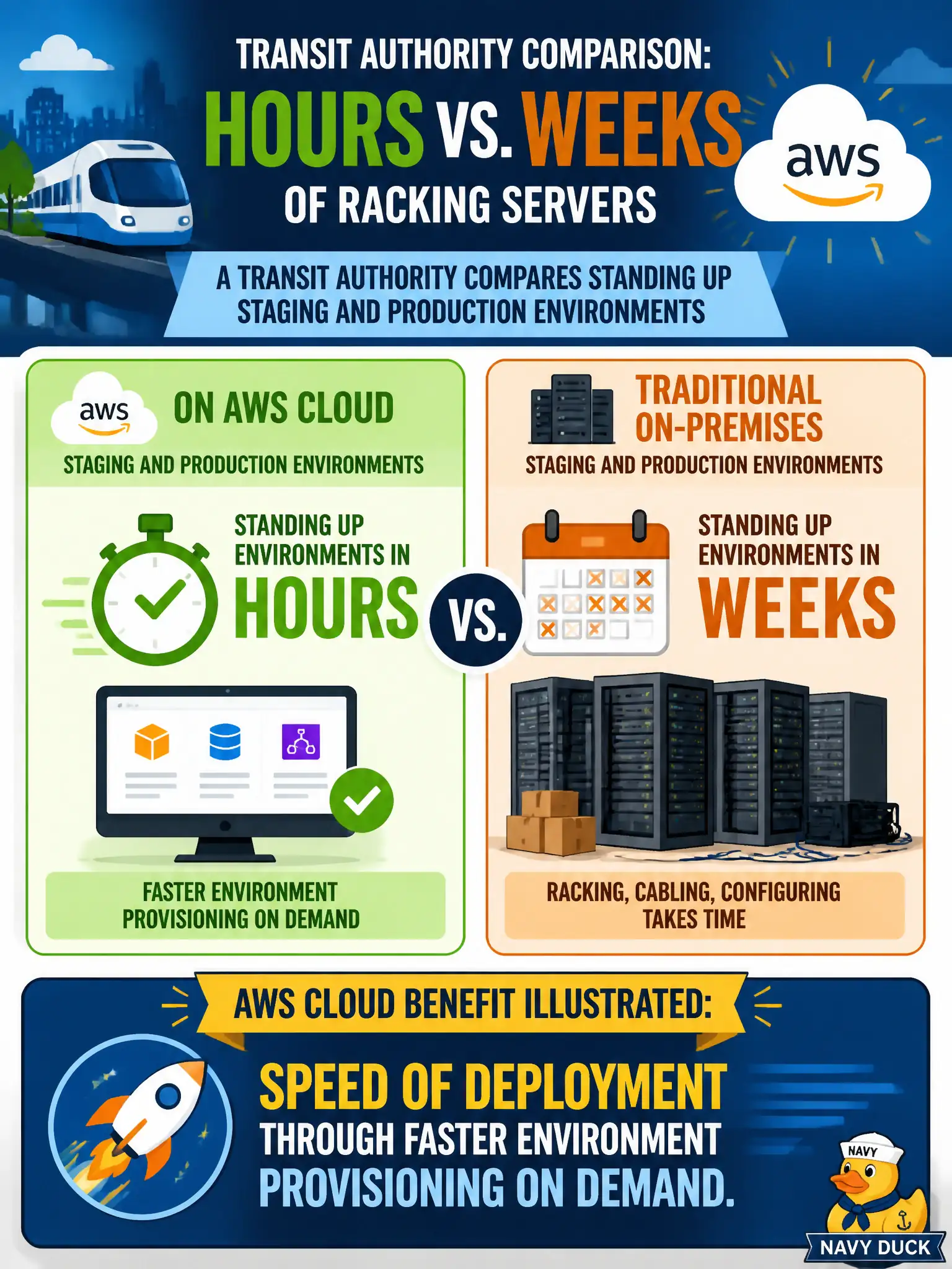 To Create an exciting colorful infographic that explains the concepts in the question: Question: A transit authority compares standing up staging and production environments in hours versus weeks of racking servers. Which AWS Cloud benefit is illustrated? Correct Answer: Speed of deployment through faster environment provisioning on demand. Put EVERY visible label in double quotes. No people. No A/B/C/D letters. In one of the four corners put a little "Navy Duck".