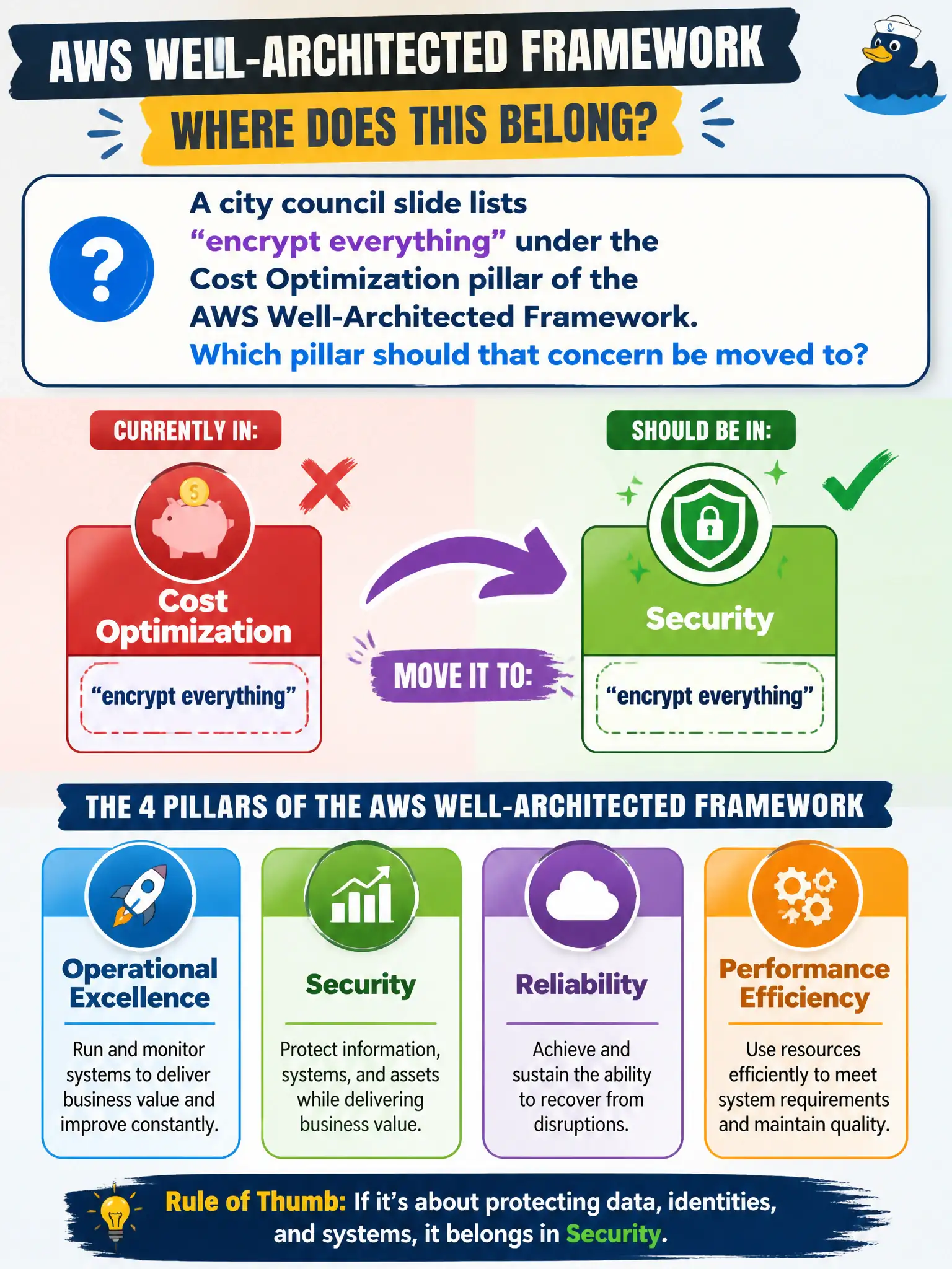 To Create an exciting colorful infographic that explains the concepts in the question: Question: A city council slide lists "encrypt everything" under the Cost Optimization pillar of the AWS Well-Architected Framework. Which pillar should that concern be moved to? Correct Answer: Security Put EVERY visible label in double quotes. No people. No A/B/C/D letters. In one of the four corners put a little "Navy Duck".