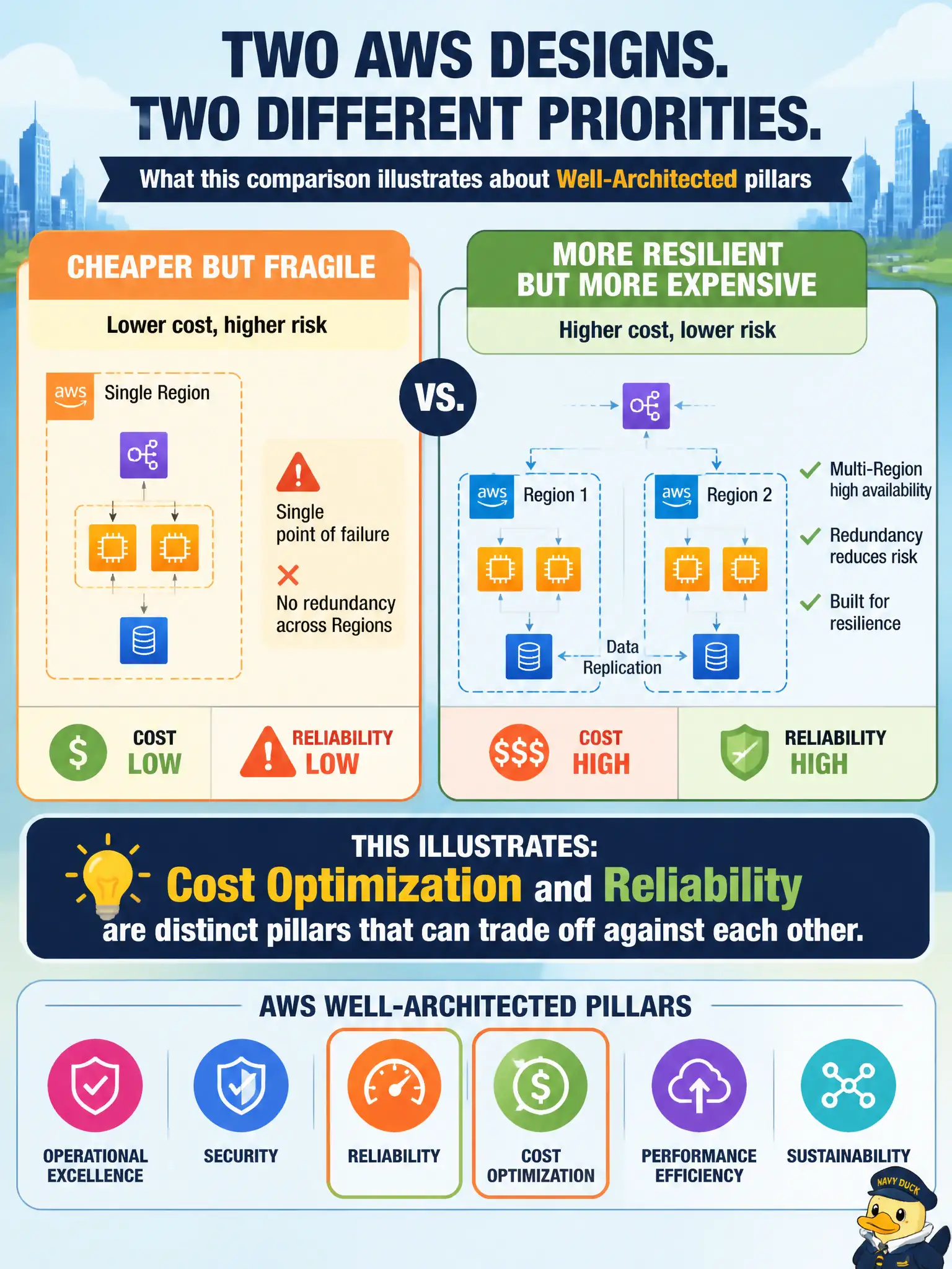 To Create an exciting colorful infographic that explains the concepts in the question: Question: A city compares two AWS designs: one cheaper but fragile, and one more resilient but more expensive. What does that comparison illustrate about Well-Architected pillars? Correct Answer: Cost Optimization and Reliability are distinct pillars that can trade off against each other. Put EVERY visible label in double quotes. No people. No A/B/C/D letters. In one of the four corners put a little "Navy Duck".