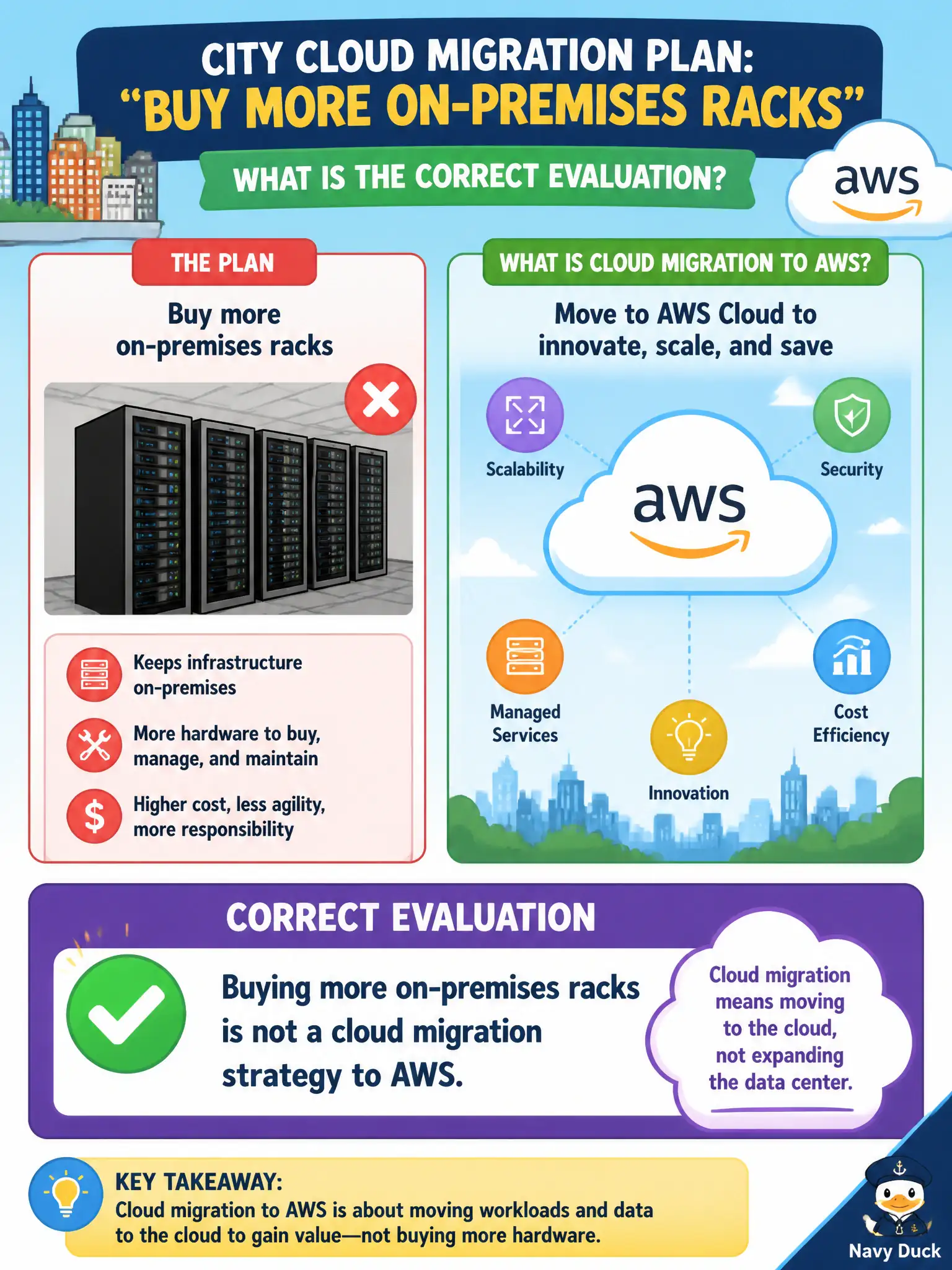 To Create an exciting colorful infographic that explains the concepts in the question: Question: A city lists "buy more on-premises racks" as its AWS Cloud migration strategy. What is the correct evaluation of that plan? Correct Answer: Buying more on-premises racks is not a cloud migration strategy to AWS. Put EVERY visible label in double quotes. No people. No A/B/C/D letters. In one of the four corners put a little "Navy Duck".