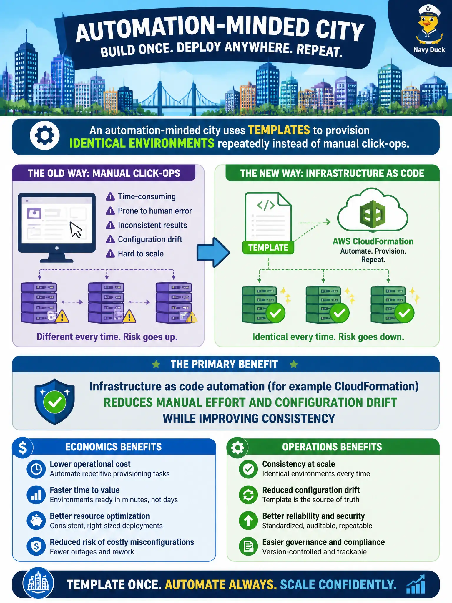 To Create an exciting colorful infographic that explains the concepts in the question: Question: An automation-minded city uses templates to provision identical environments repeatedly instead of manual click-ops. Which economics and operations benefit does that primarily illustrate? Correct Answer: Infrastructure as code automation (for example CloudFormation) reduces manual effort and configuration drift while improving consistency Put EVERY visible label in double quotes. No people. No A/B/C/D letters. In one of the four corners put a little "Navy Duck".